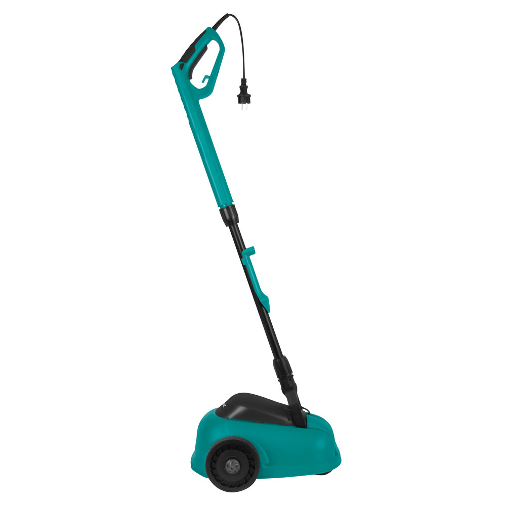 A teal and black electric lawn edger. It has a long handle, a wheel, and a power cord with a plug. The background is white.