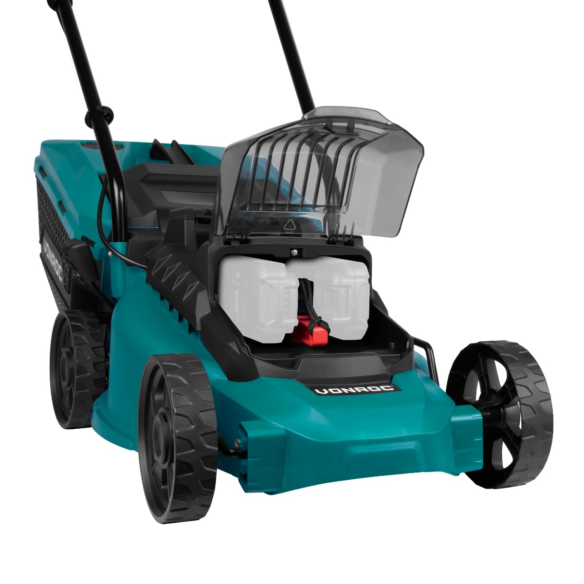 Een turquoise en zwarte grasmaaier met een doorzichtige afdekking, twee witte accupacks en zwarte wielen op een witte achtergrond.