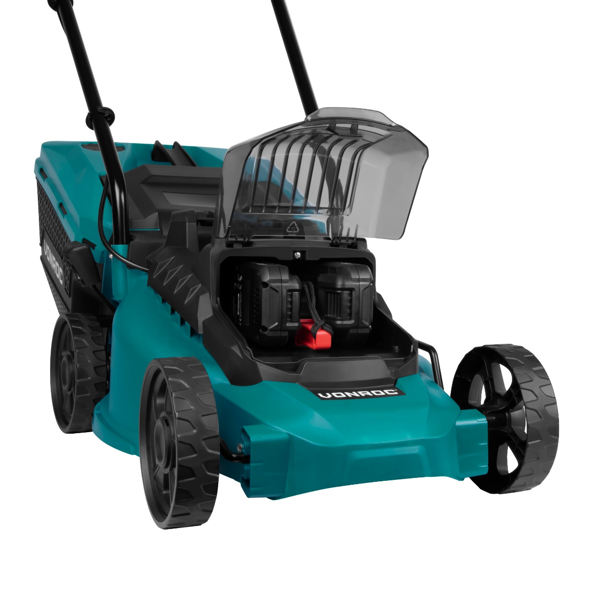 A teal and black lawnmower with black wheels. It has a transparent cover and two black batteries inside. The brand name is VONROC.