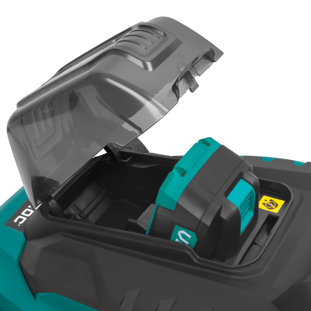 Open compartment of a teal and black power tool with a battery inside. The lid is partially open.