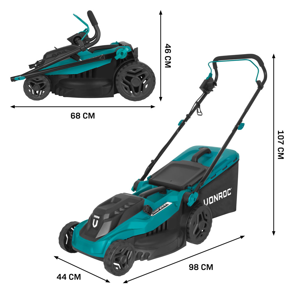 Two teal and black lawnmowers with dimension labels. One side view, one full view. Brand: VONROC.