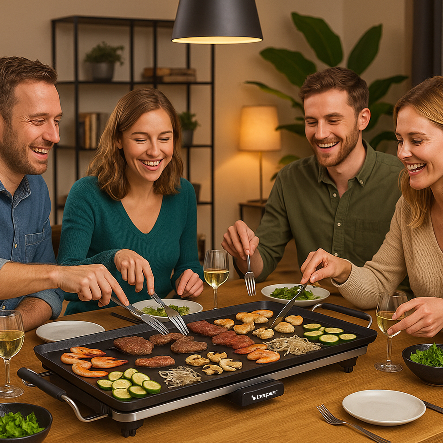 Quattro persone sorridono attorno a un tavolo che griglia cibo. Ci sono piatti, bicchieri di vino e verdure. Una lampada è sopra il tavolo.