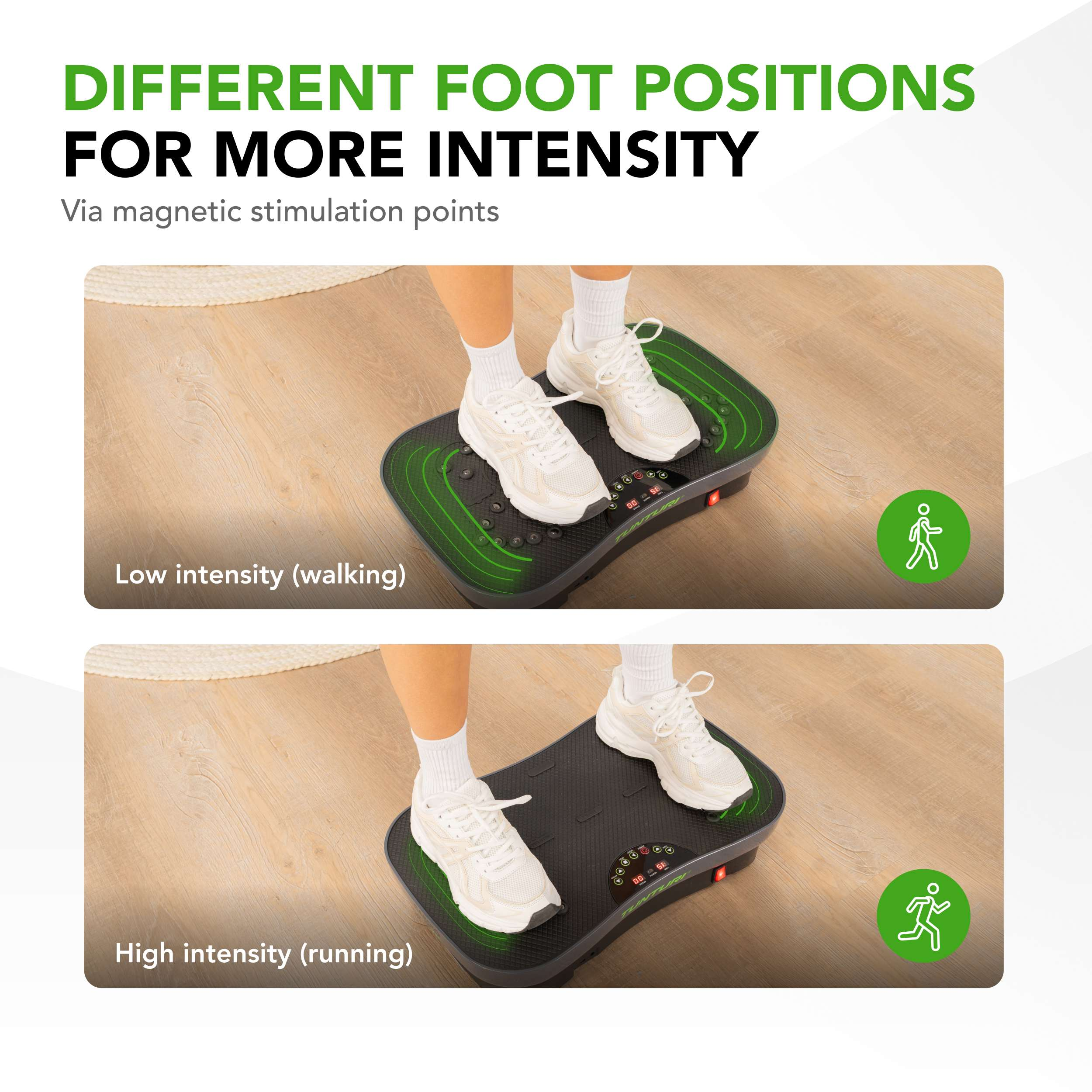 De afbeelding toont twee voetposities op een fitnessapparaat, één voor wandelen en één voor hardlopen, met witte sneakers.