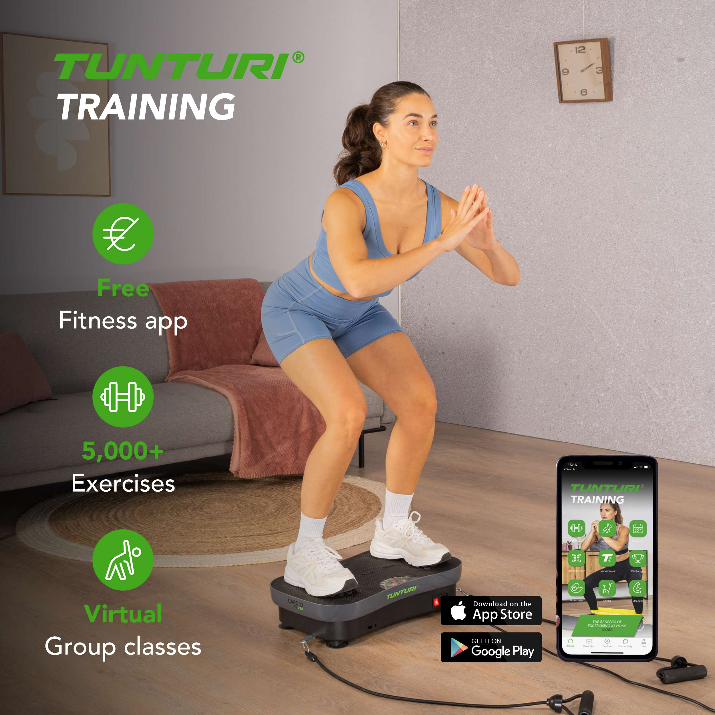 Vrouw doet squats op fitnessplatform. Telefoon toont app-interface. Tekst over app, oefeningen en lessen.