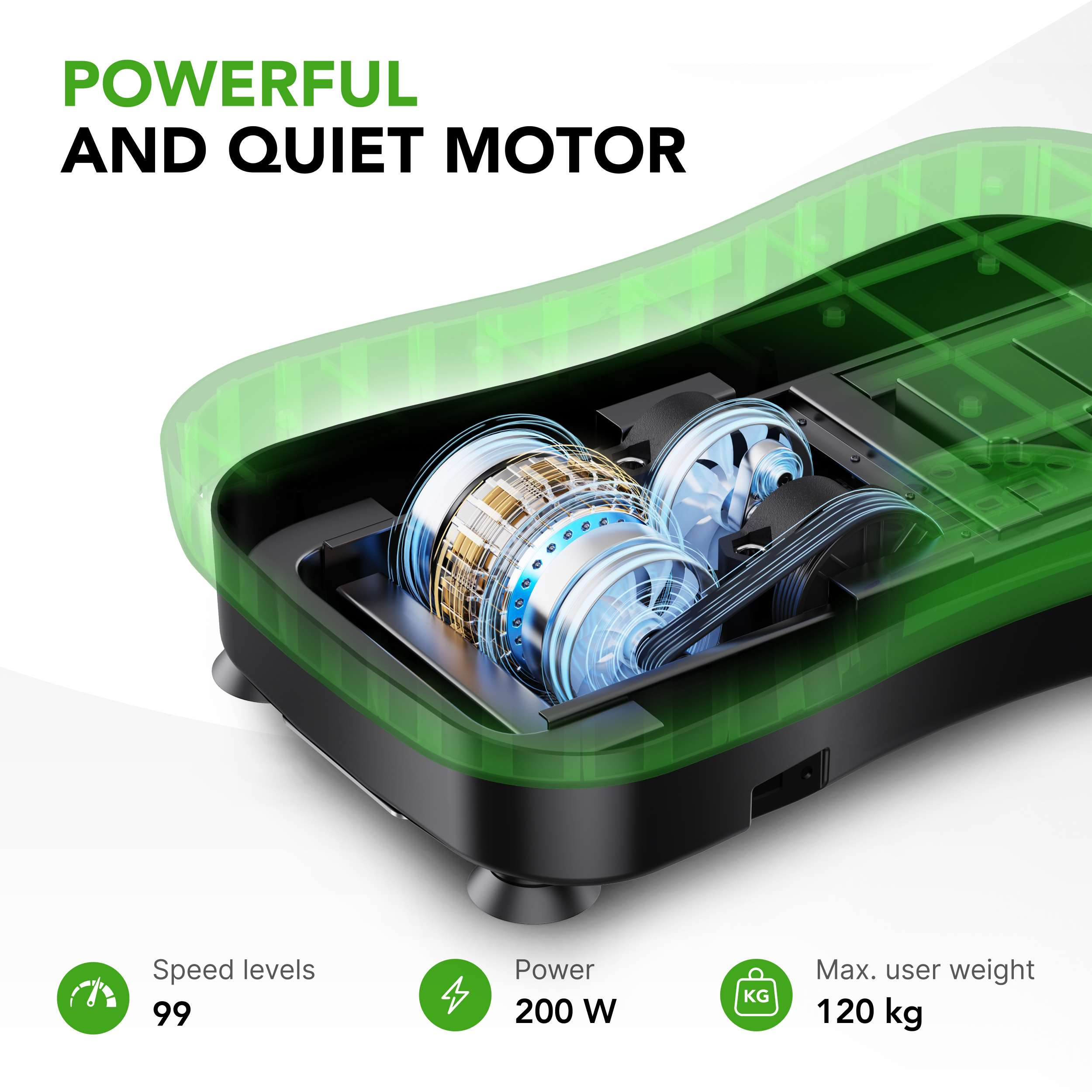 Afbeelding toont een motor met groene overlay, tekst 'Krachtige en stille motor' en specificaties.