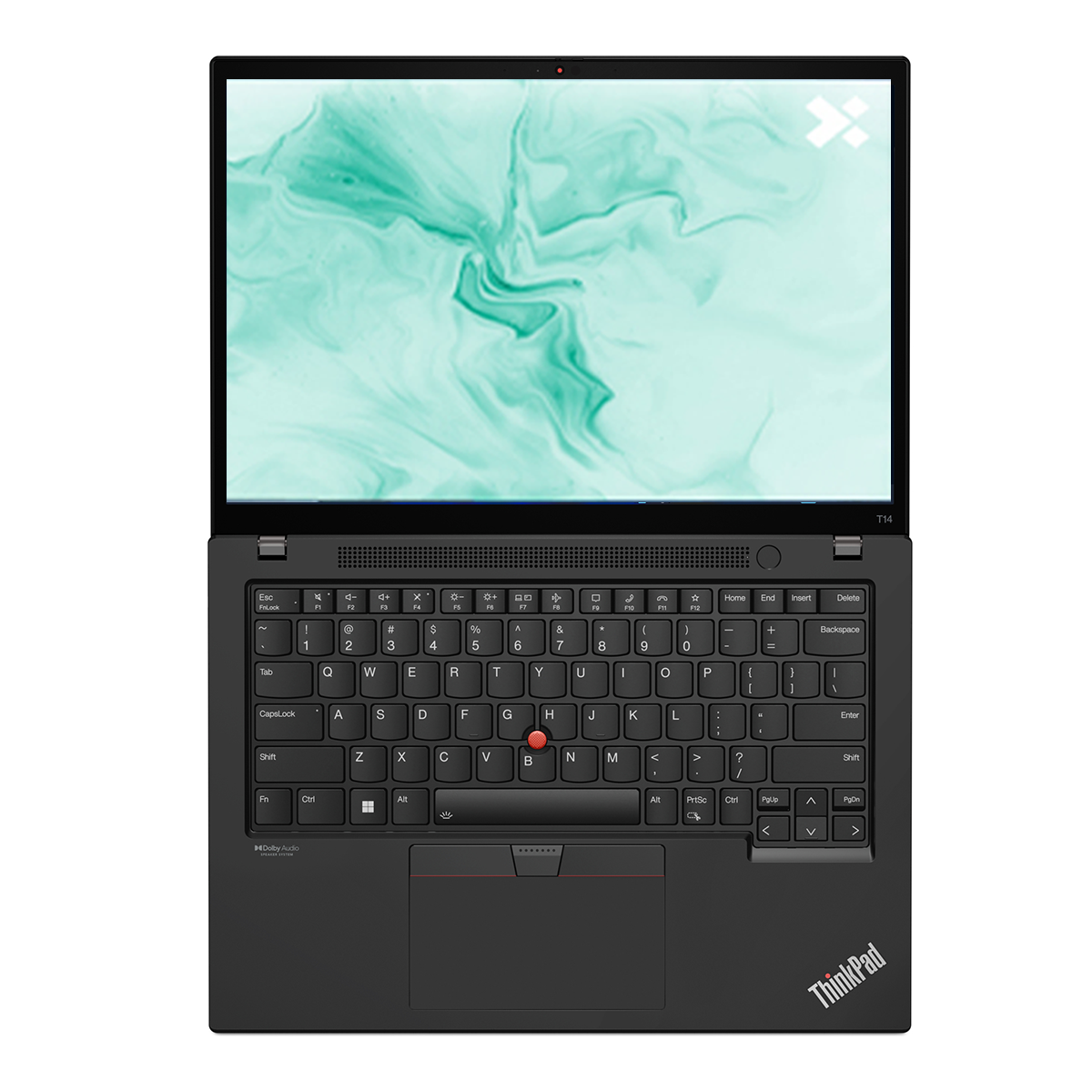 Black ThinkPad laptop open. Screen shows green abstract art. Keyboard and touchpad visible. ThinkPad logo on the bottom.
