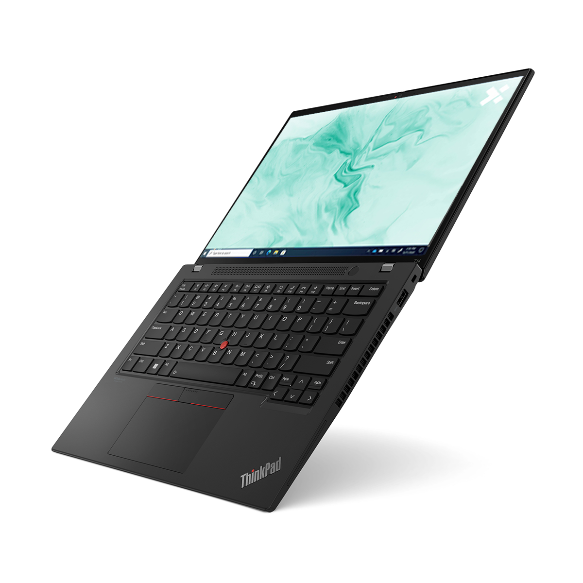 Black ThinkPad laptop open at an angle. Screen displays a green and white abstract pattern. Keyboard visible. White background.