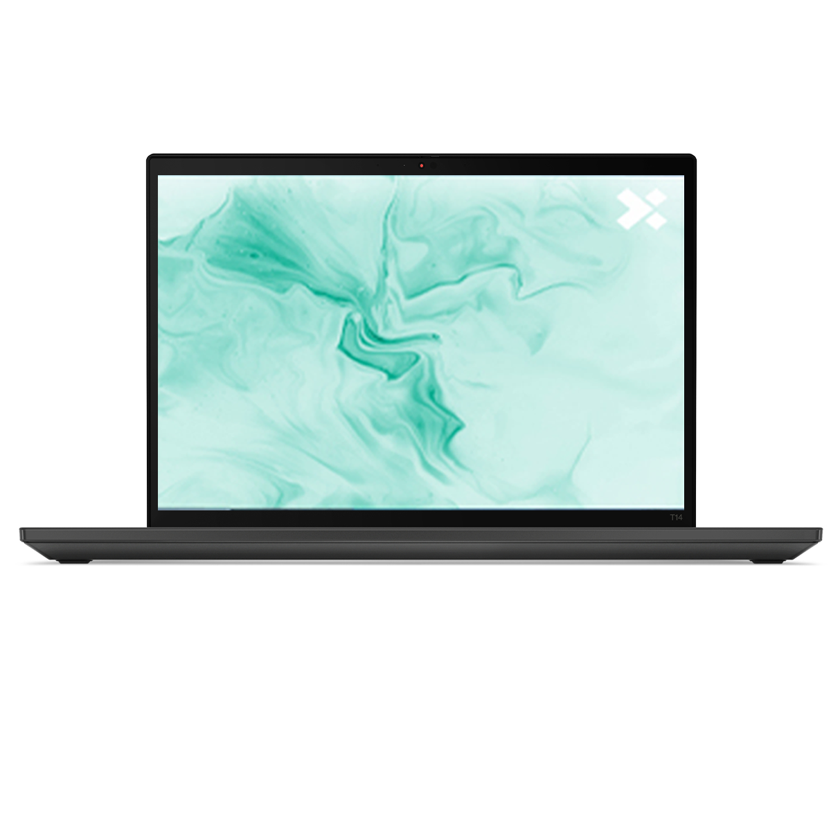 A black laptop is shown open, with a screen displaying a swirling, pale green and white pattern. The background is white.