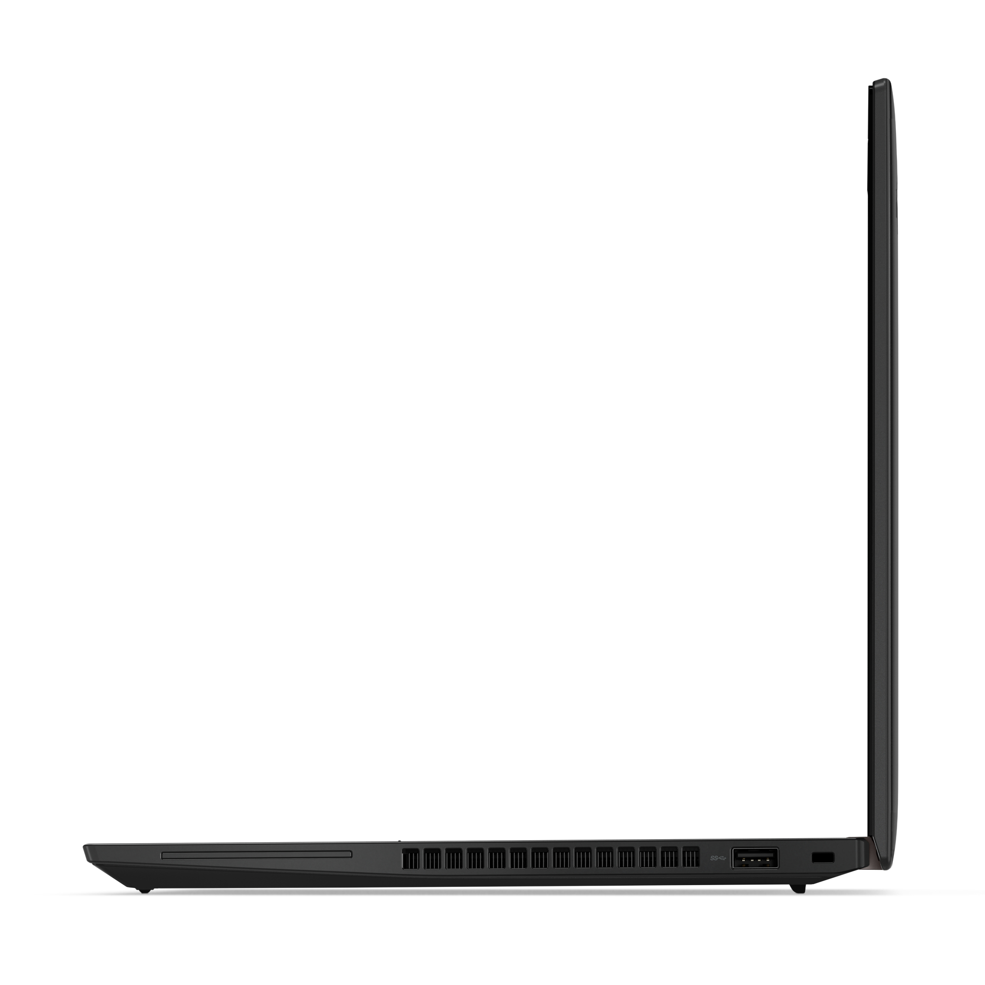 Side view of a black laptop. The screen is closed. Ports are visible along the side. White background.