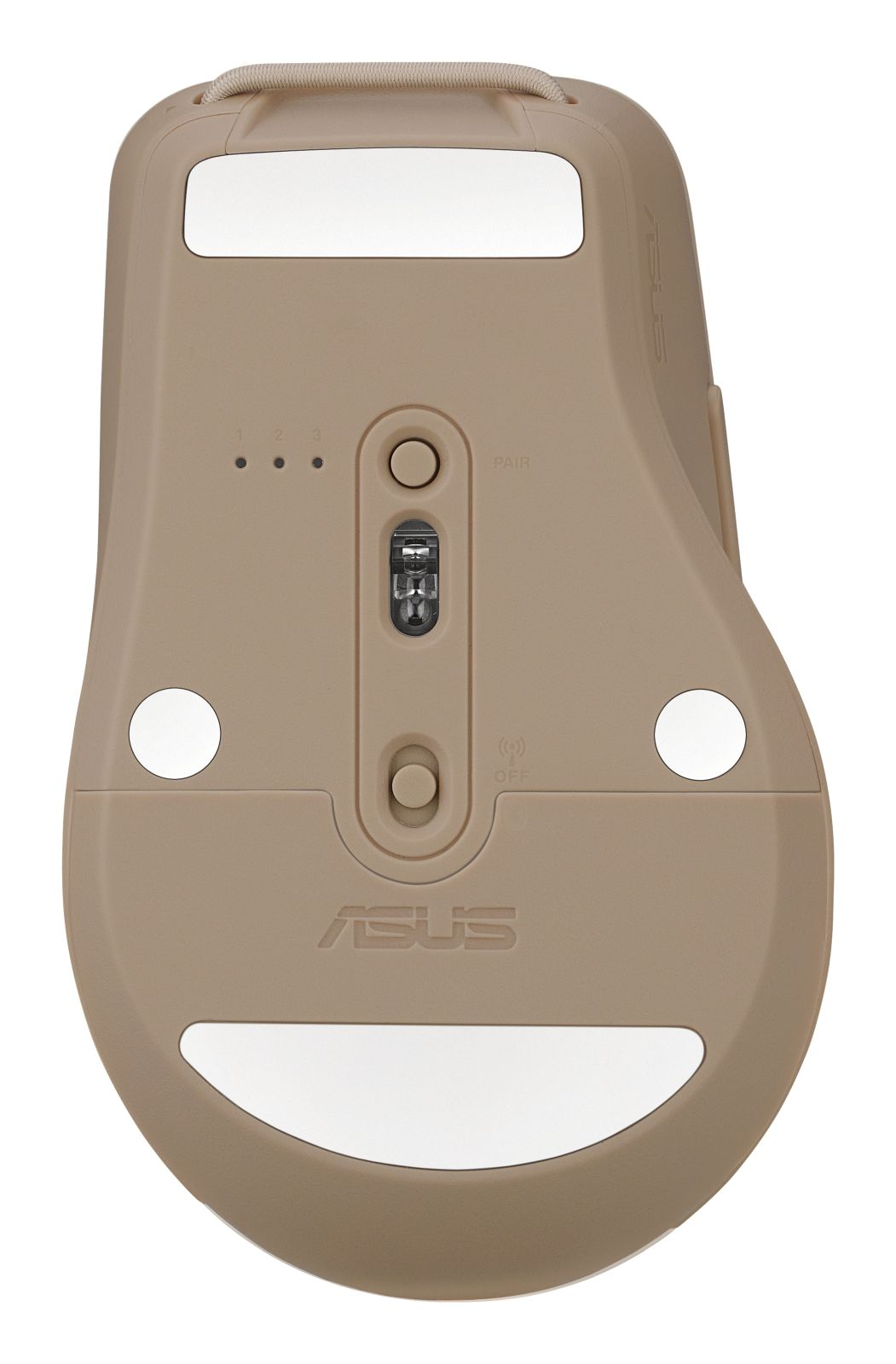 Onderkant van een computermuis in tan kleur. Met witte accenten, knoppen, het ASUS-logo en een schakelaar.
