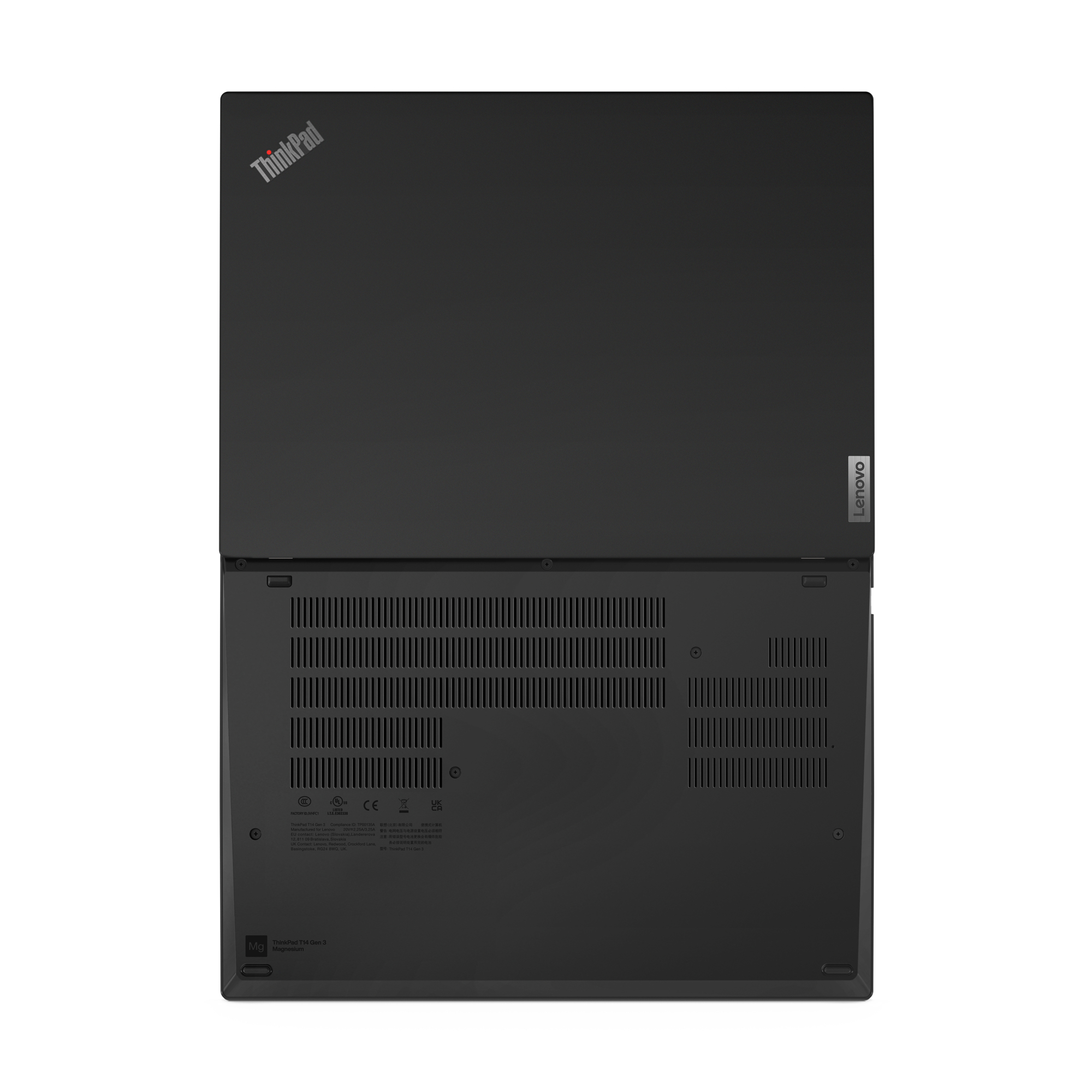 Schwarzer Lenovo ThinkPad Laptop. Draufsicht zeigt den geschlossenen Deckel mit ThinkPad Logo und Unterseite mit Lüftungsschlitzen.