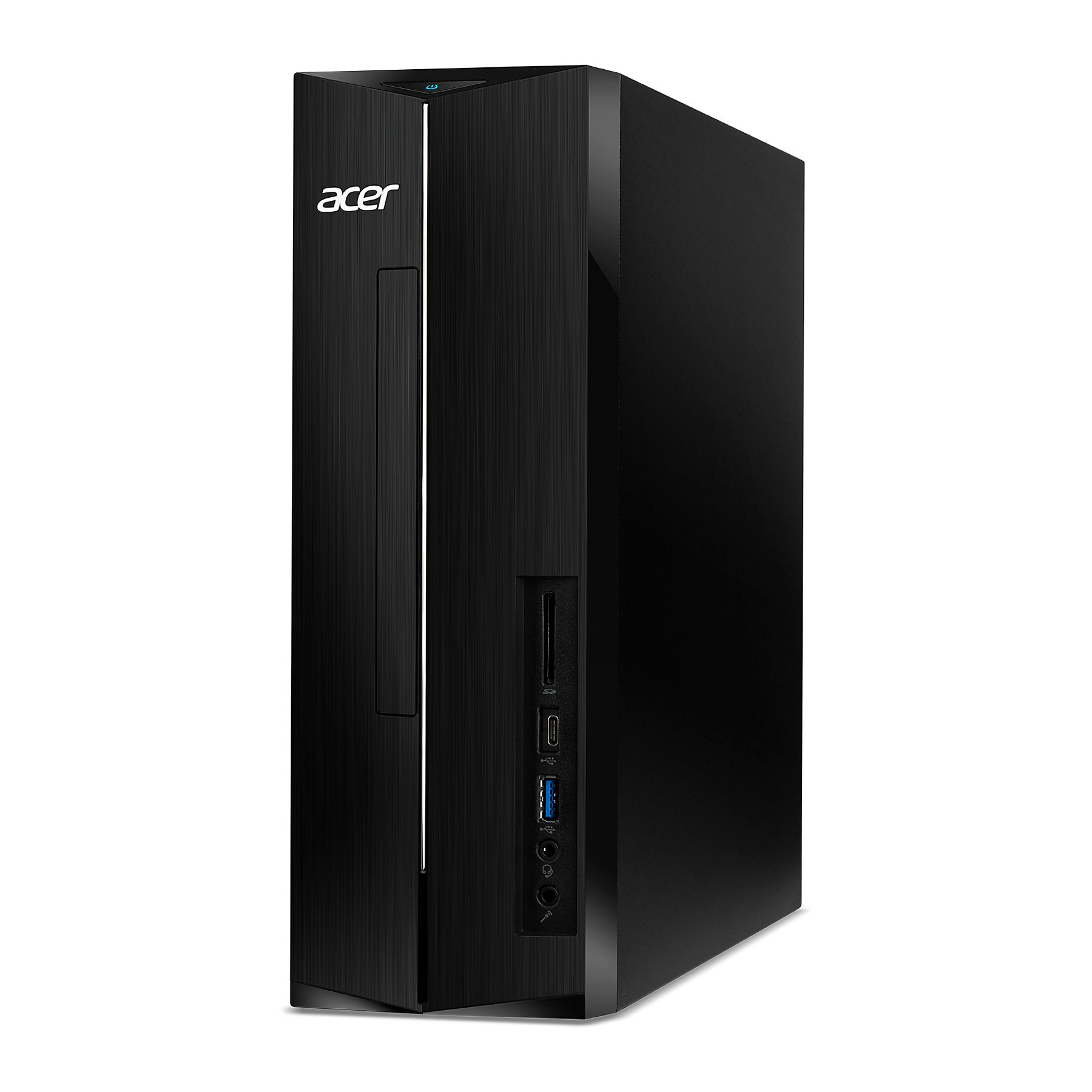 Czarny komputer stacjonarny Acer. Z przodu logo Acer, przycisk zasilania i różne porty.