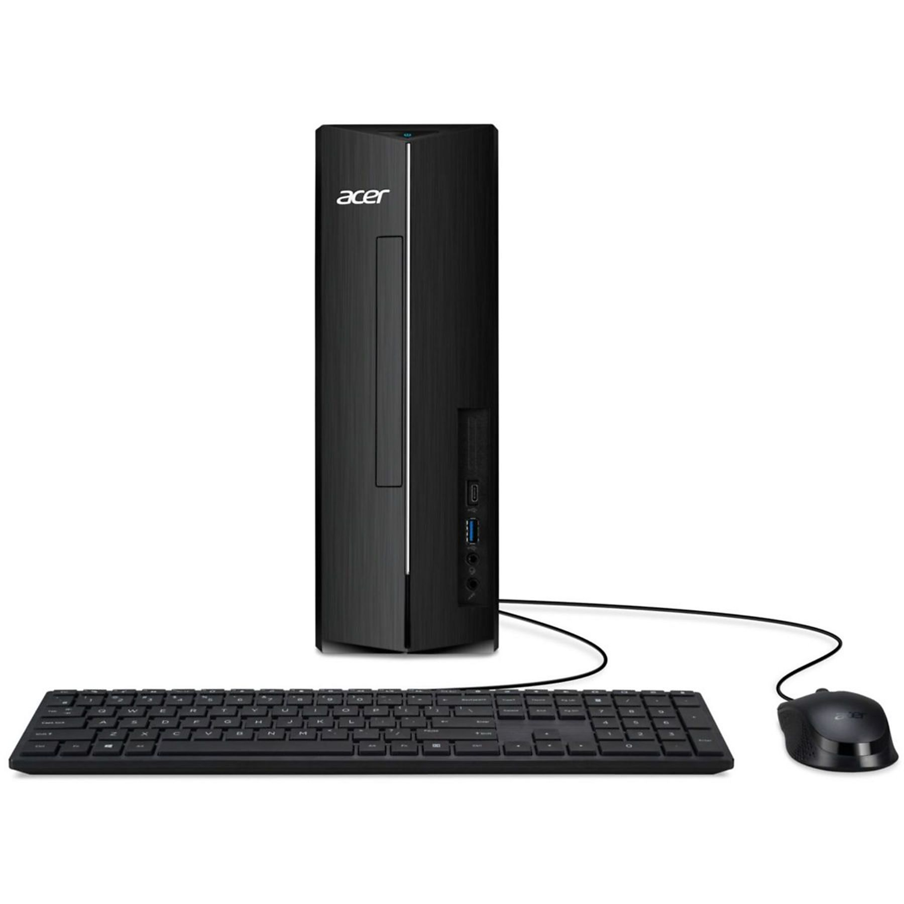 Czarny komputer stacjonarny Acer, klawiatura i mysz na białym tle, połączone czarnymi kablami.