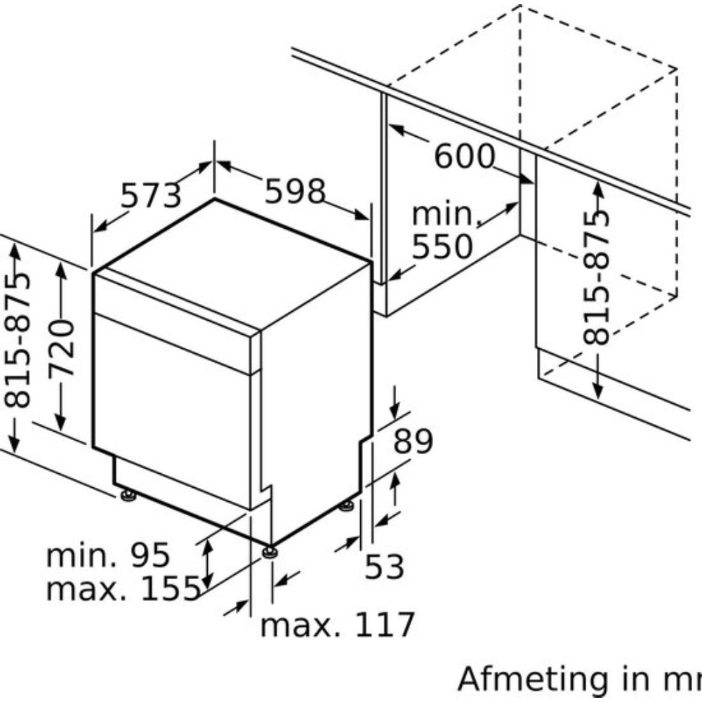 Diagramma di una lavastoviglie con dimensioni in mm. Mostra le misure di altezza, larghezza e profondità, insieme ai valori minimo e massimo.