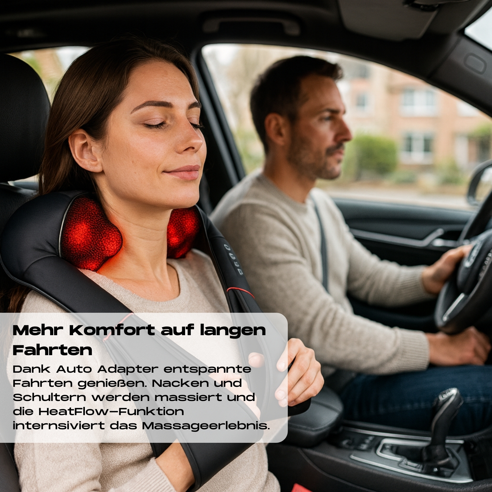 Frau im Auto mit Nackenmassagegerät, Mann fährt. Text: 'Mehr Komfort auf langen Fahrten'.