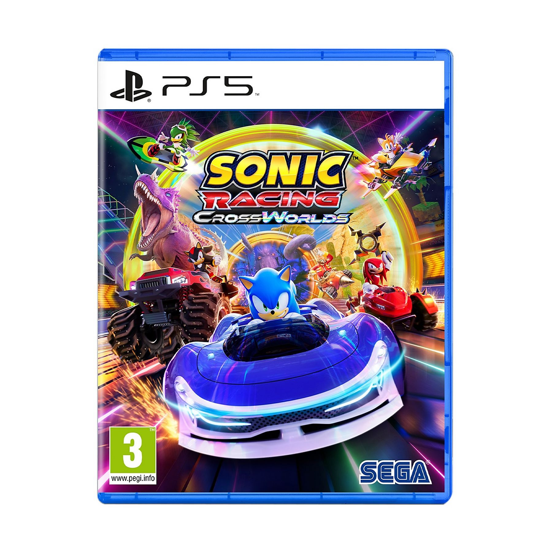 Copertina del gioco Sonic Racing Cross Worlds. Sonic in auto blu, personaggi in veicoli, logo PS5.