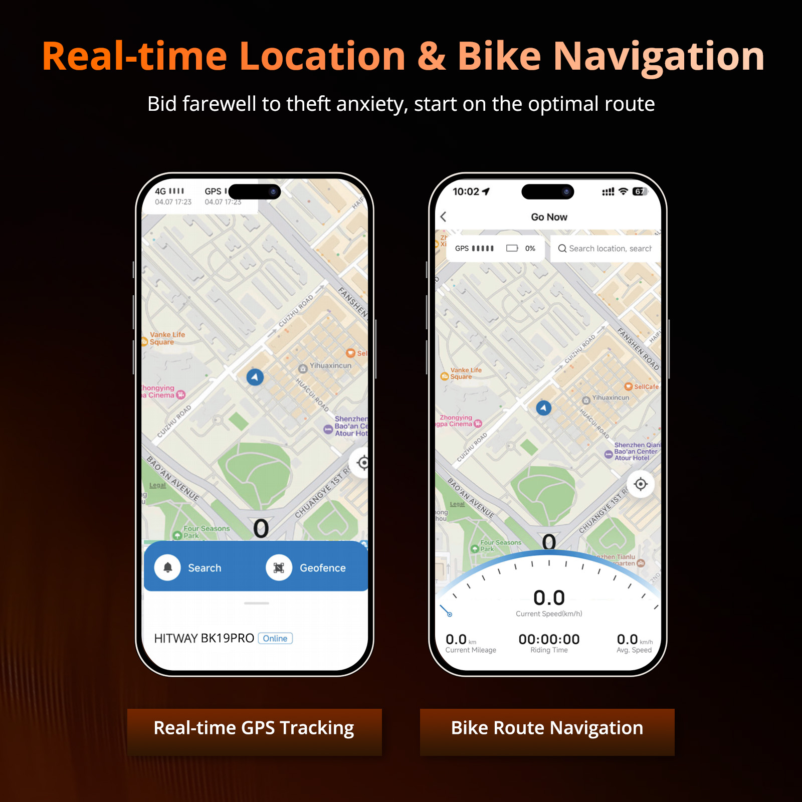 Dos teléfonos muestran mapas con datos GPS. El texto dice ubicación en tiempo real y navegación en bicicleta.