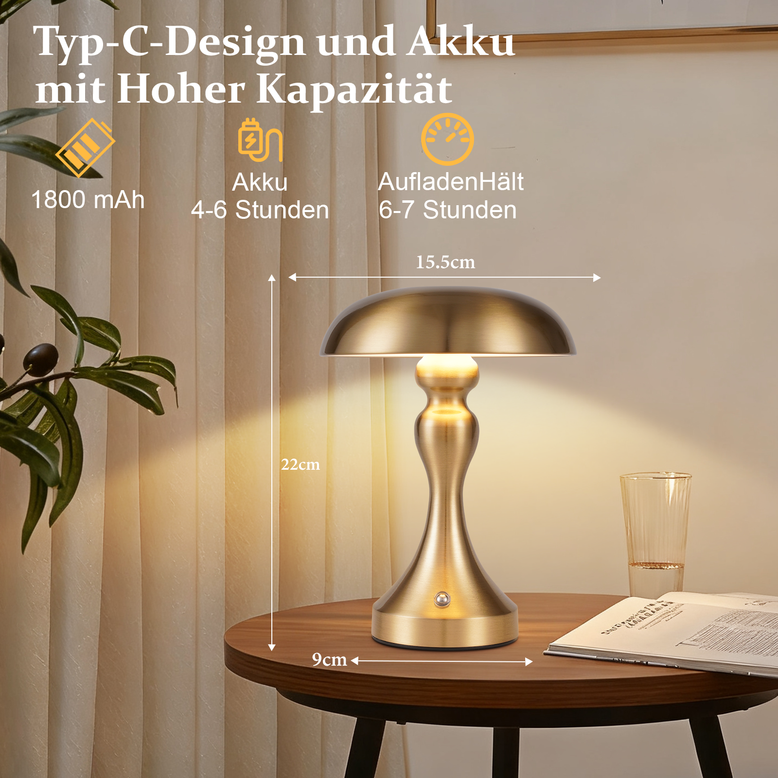 Złota lampa stołowa z zakrzywionym kloszem stoi na drewnianym stole. Tekst zawiera informacje o baterii i wymiarach.
