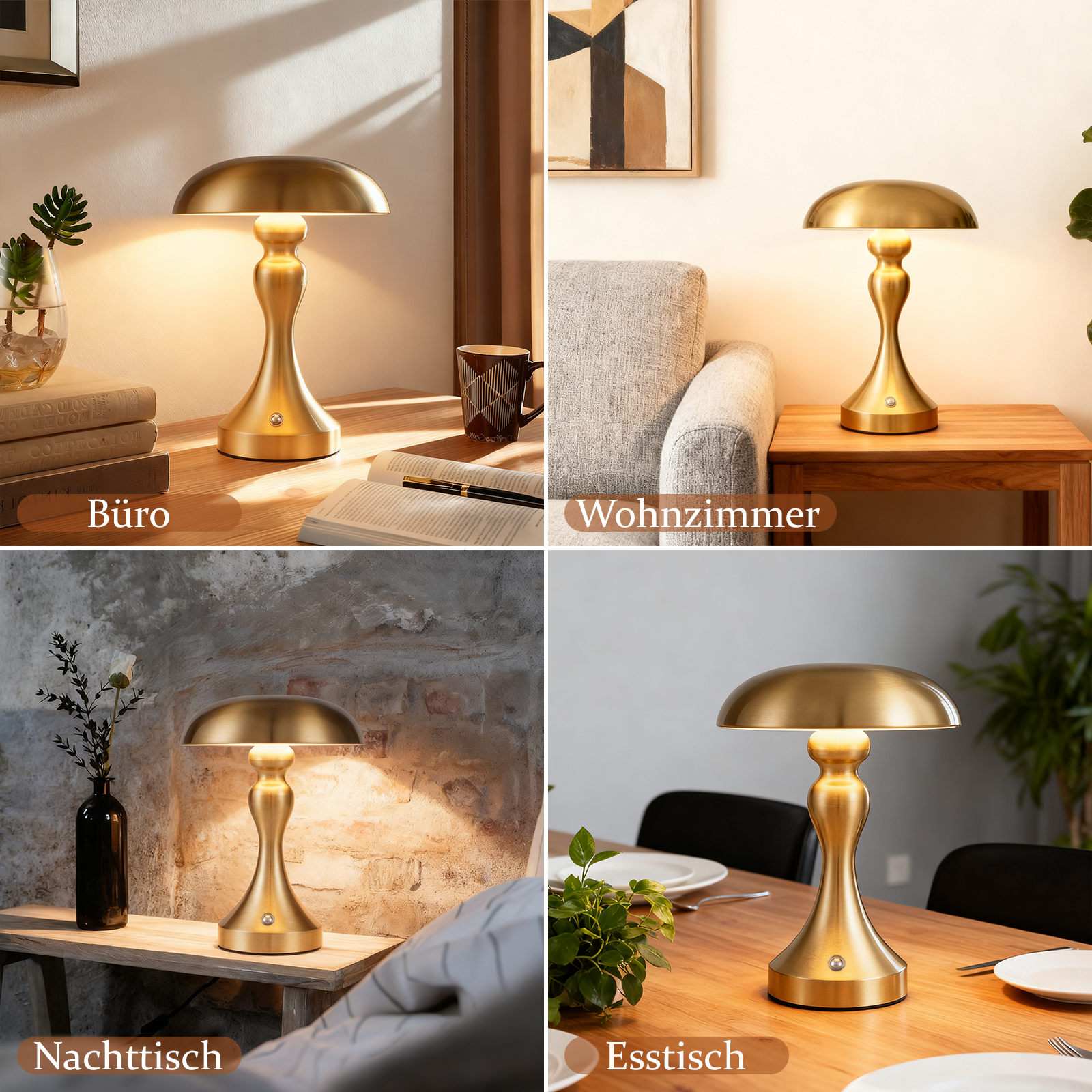 Złota lampa z zakrzywionym kloszem. Stoi na drewnianym stole. Lampa jest w czterech różnych ustawieniach.