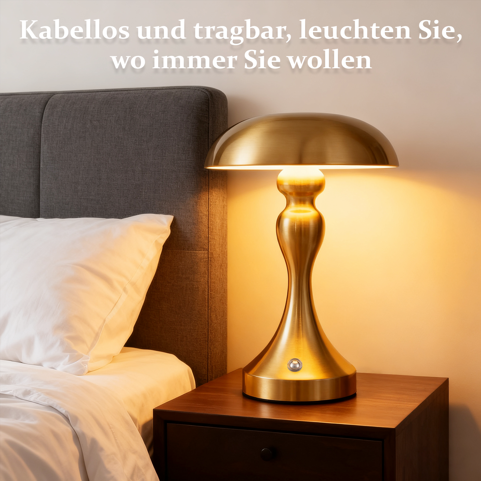 Eine goldene Nachttischlampe beleuchtet eine Schlafzene. Ein Bett mit grauem Kopfteil und weißer Bettwäsche ist sichtbar.