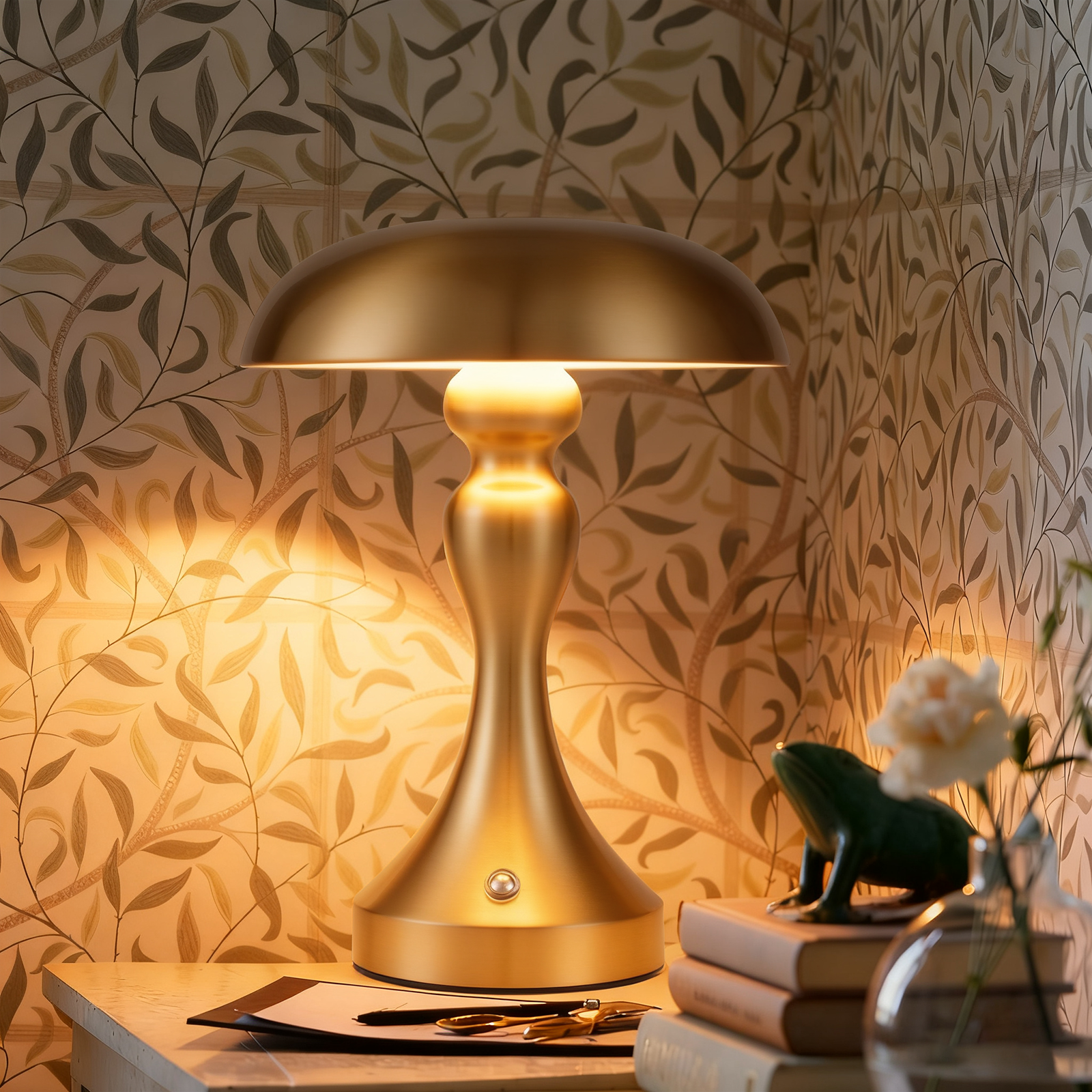 Złota lampa oświetla stół z książkami, figurką żaby, kwiatami i wzorzystym tłem tapety.
