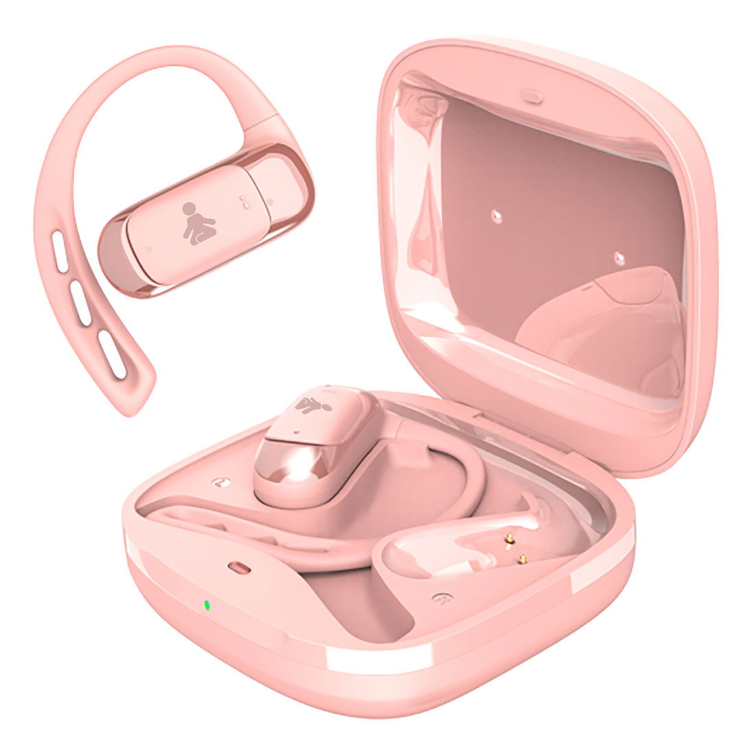 Auricolari wireless rosa e custodia di ricarica. Un auricolare è fuori dalla custodia, mostrando un gancio. La custodia è aperta.