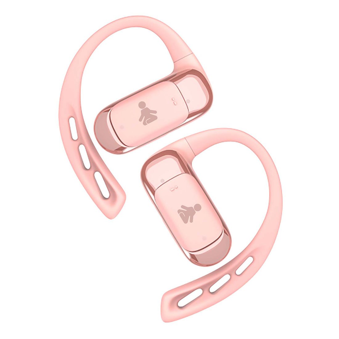 Due auricolari wireless rosa. Ogni auricolare ha un gancio per l'orecchio curvo e un corpo rettangolare con una piccola icona di figura.