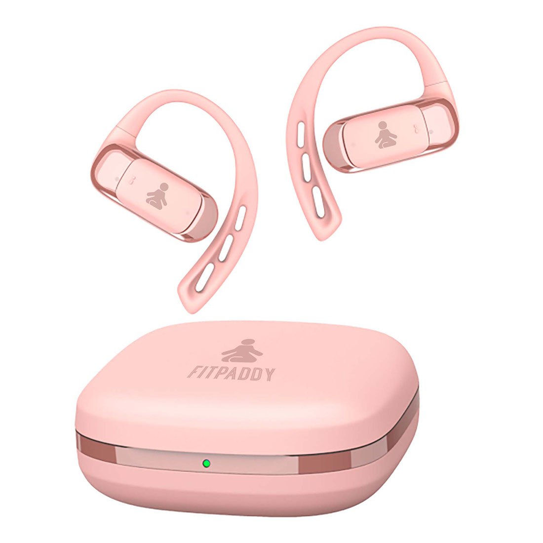 Auricolari wireless rosa con custodia di ricarica. Sulla custodia c'è scritto 'FITPADDY'. Gli auricolari hanno un logo.