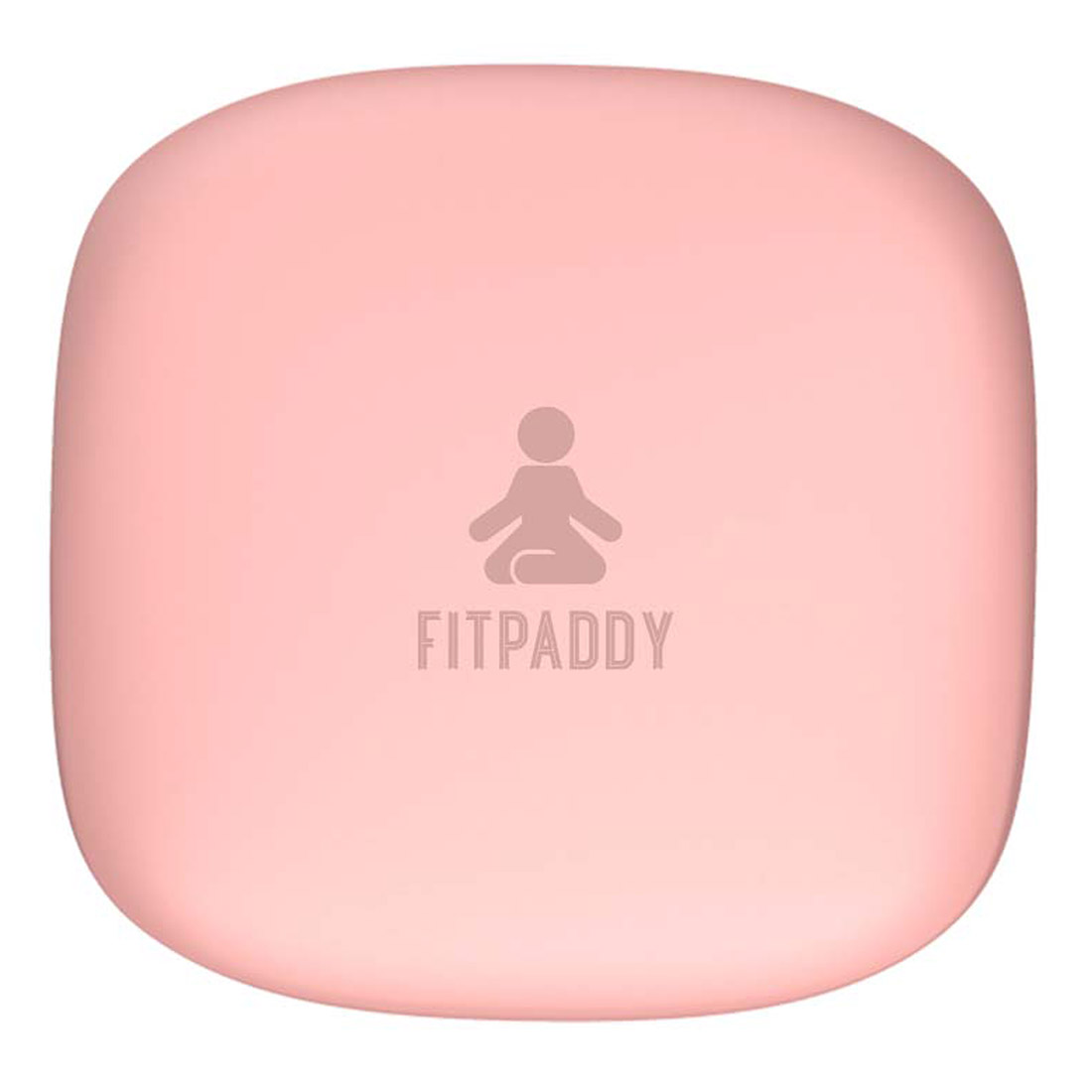 Un oggetto rosa tenue, di forma quadrata con angoli arrotondati. Un logo di figura che medita, con il testo 'FITPADDY' sotto.