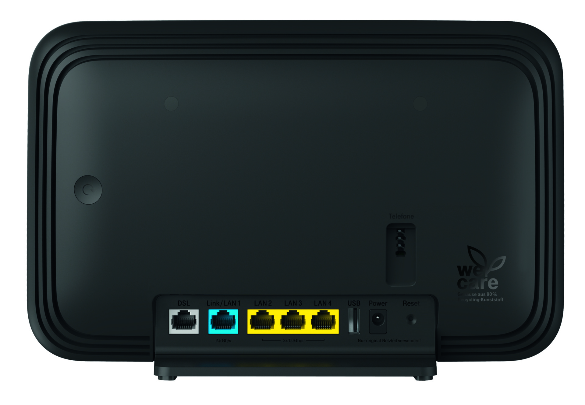 Schwarze Modemrückseite mit Anschlüssen DSL, LAN, USB, Power und Reset. Mit 'we care'-Logo und 'Telefone'-Etikett.