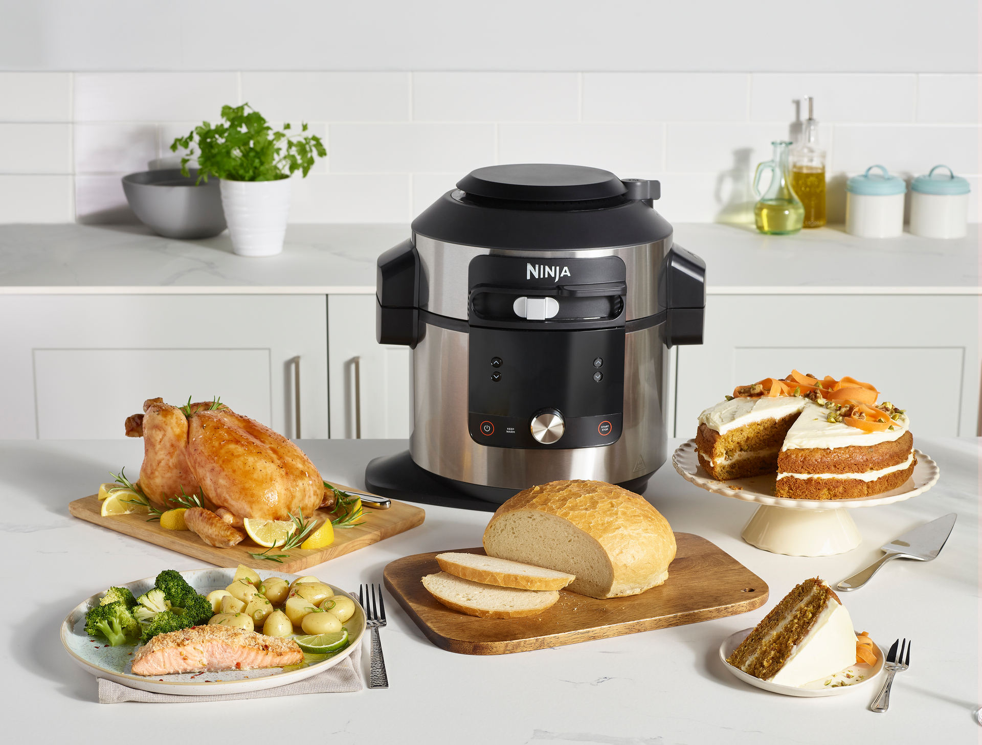 Ein Airfryer mit Brathähnchen, Lachs, Gemüse, Brot und Kuchen steht auf dem Tisch. Im Hintergrund ist eine Pflanze.