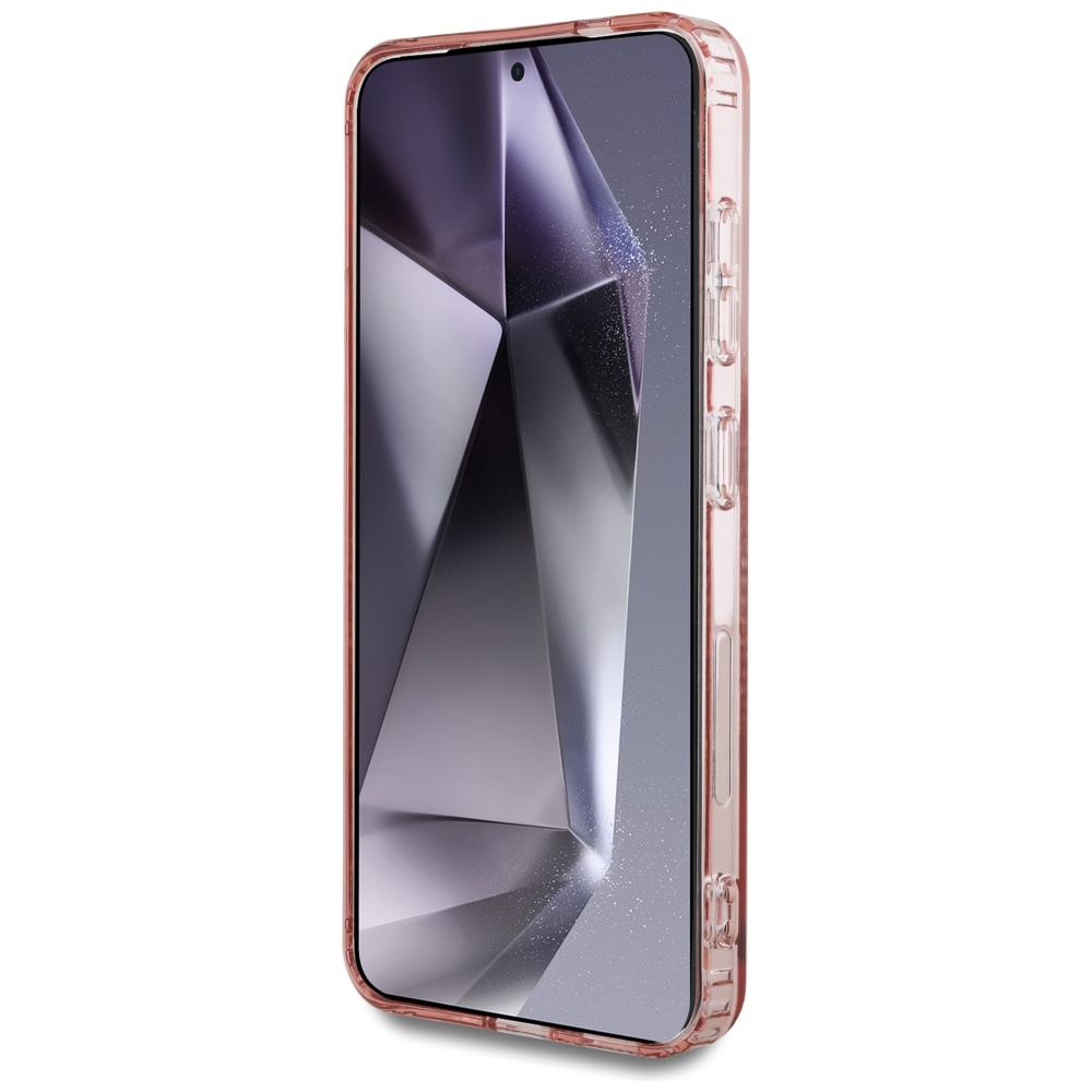 Uno smartphone in una custodia rosa trasparente. Lo schermo mostra un design geometrico in sfumature di grigio. Il telefono è su sfondo bianco.