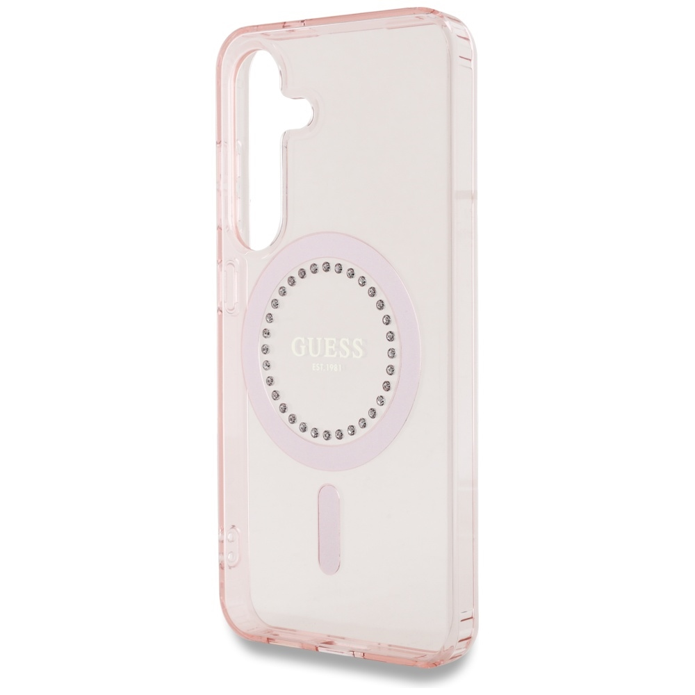 È mostrata una custodia per telefono rosa trasparente con il logo Guess e strass. La custodia ha un ritaglio per la fotocamera e uno per la porta di ricarica.
