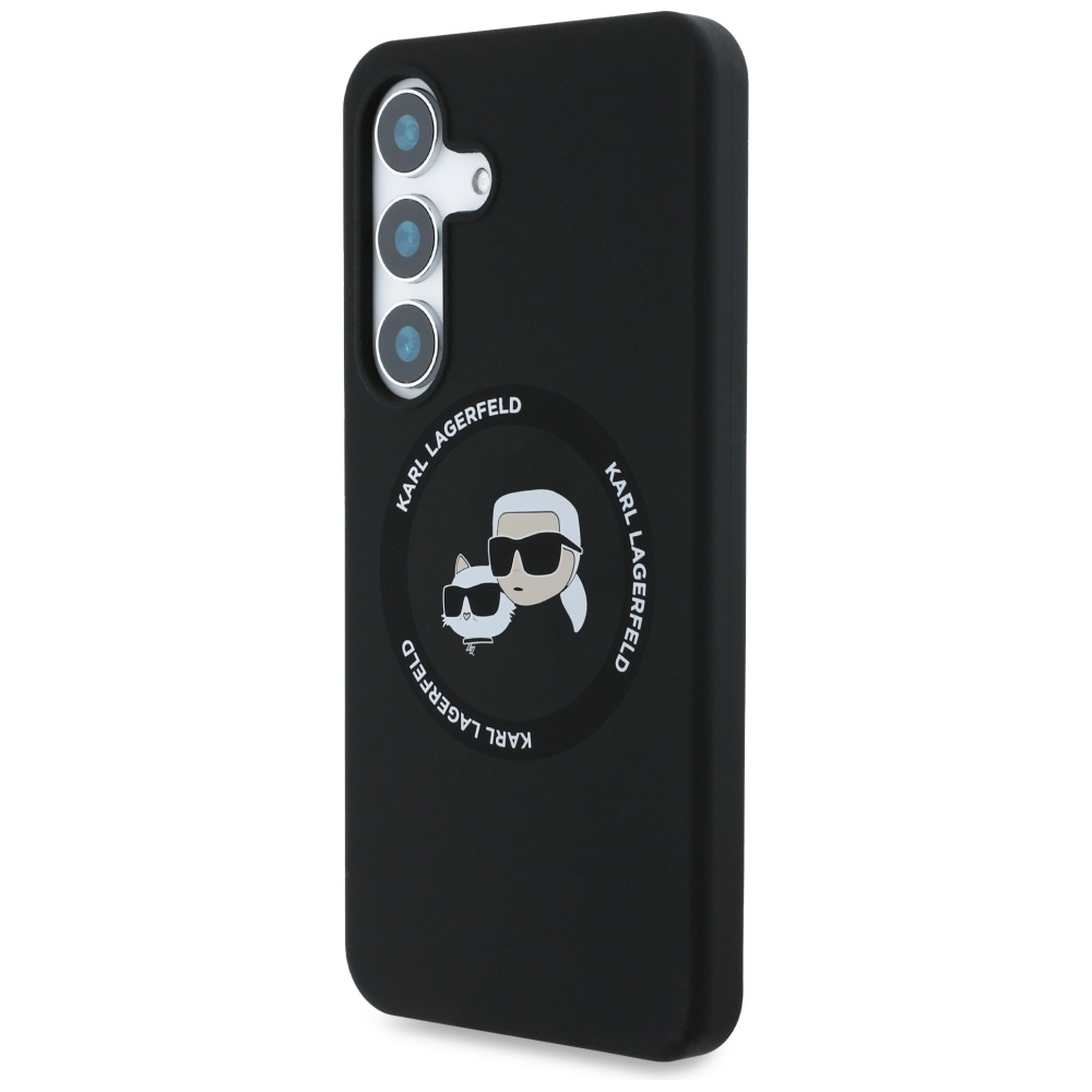 Custodia per telefono nera. Presenta un logo Karl Lagerfeld con un design a cartoni animati. Il telefono ha tre lenti.