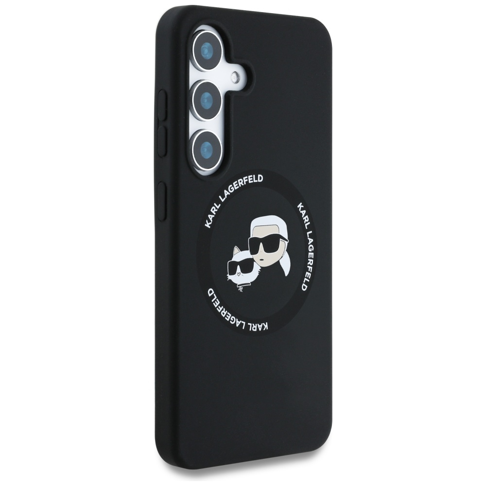 Custodia per telefono nera con logo Karl Lagerfeld. Ha tre obiettivi e un logo circolare con Karl e un gatto.