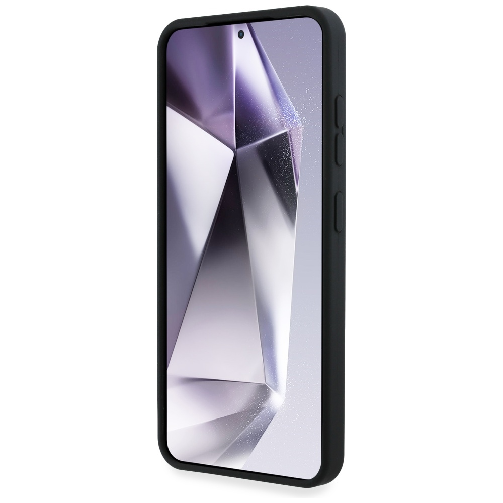Uno smartphone nero con custodia nera è mostrato su sfondo bianco. Lo schermo mostra un design astratto riflettente.