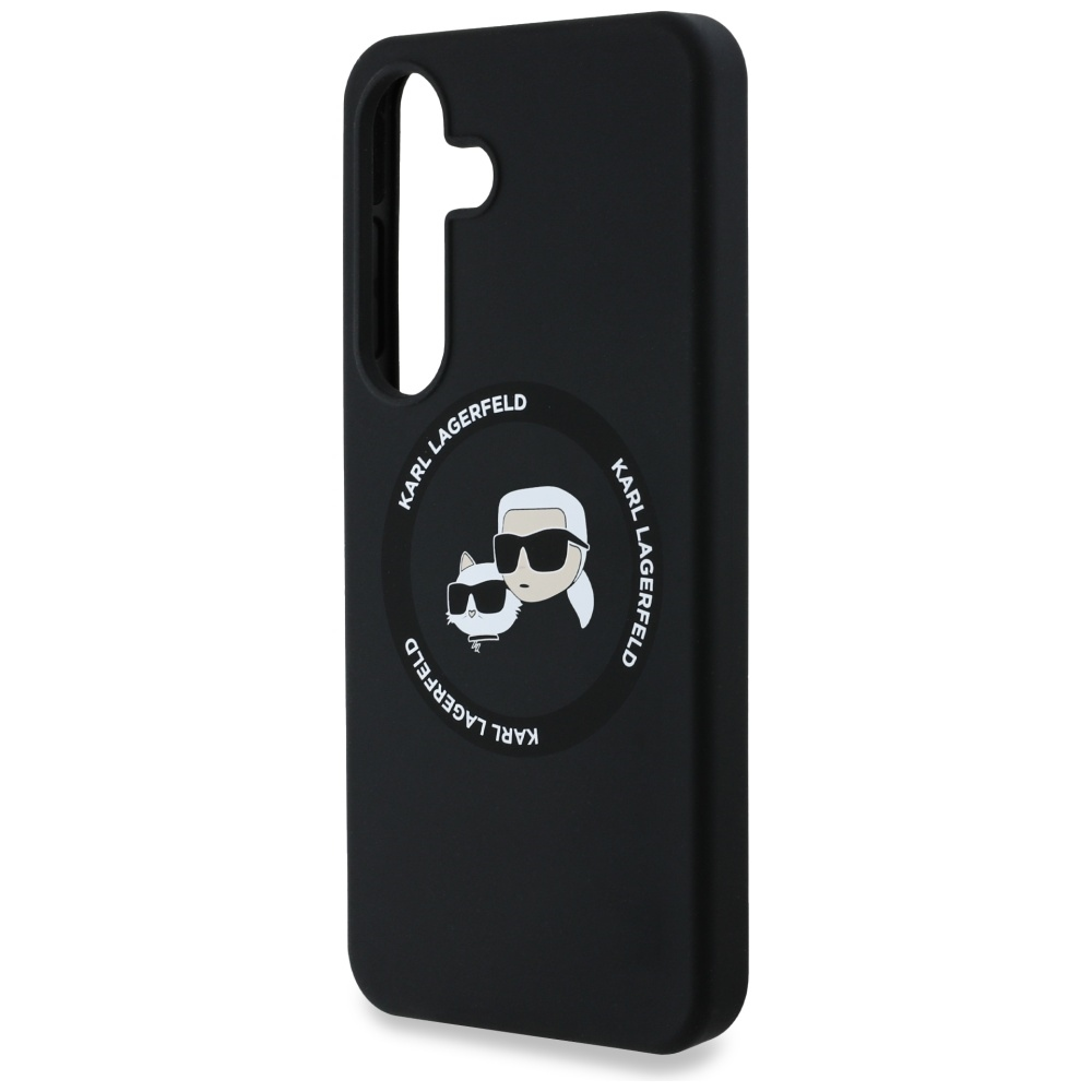 Custodia per telefono nera con logo Karl Lagerfeld. Raffigura Karl e un gatto con occhiali da sole. Il marchio è intorno al logo.