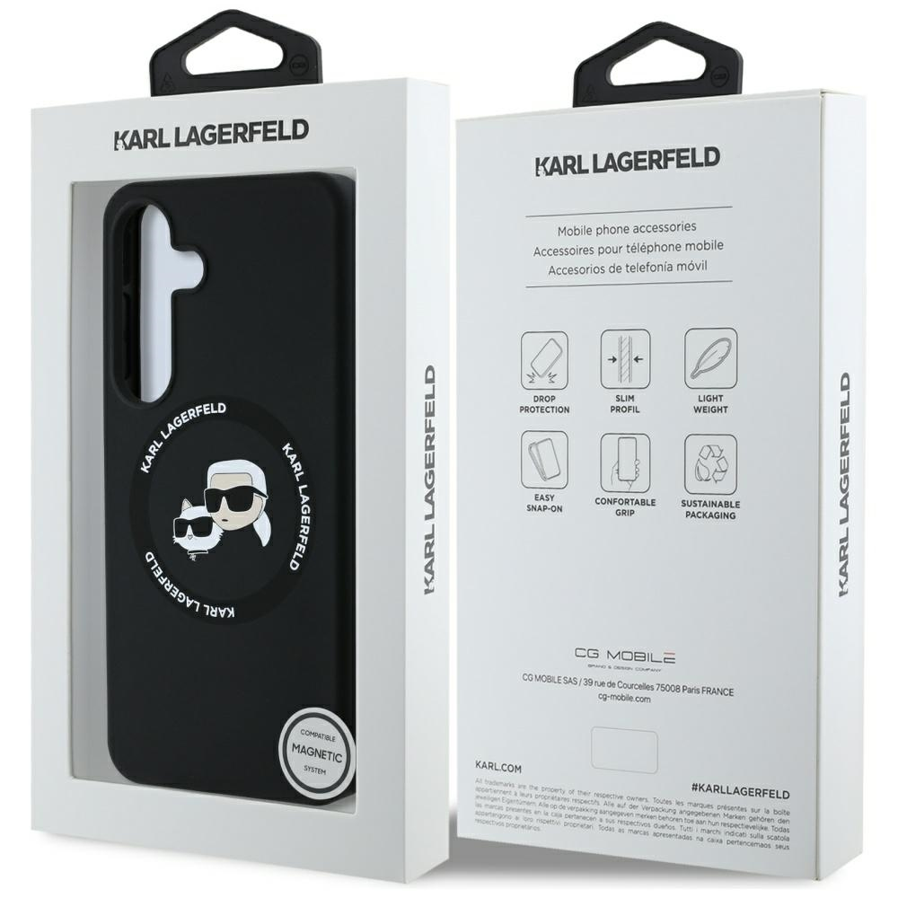 Una custodia per telefono in una scatola. Custodia nera con logo Karl Lagerfeld. Scatola bianca con testo e logo.