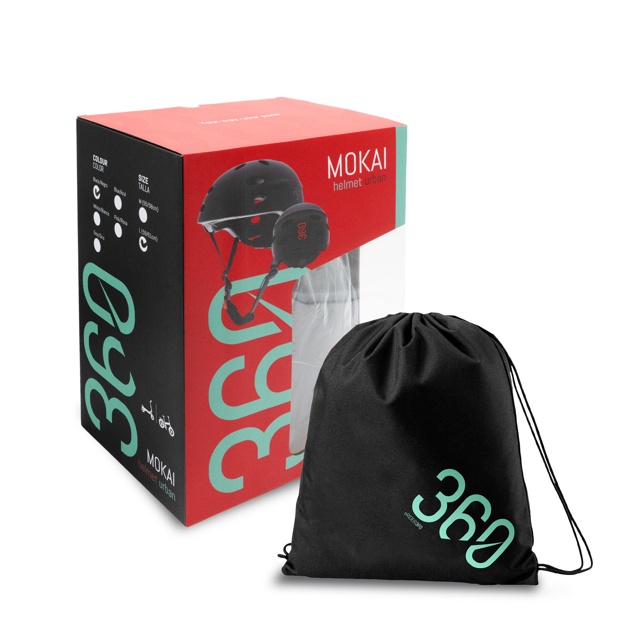 Una caja con un casco dentro, una bolsa negra con un logotipo, casco negro, caja roja y negra con texto.