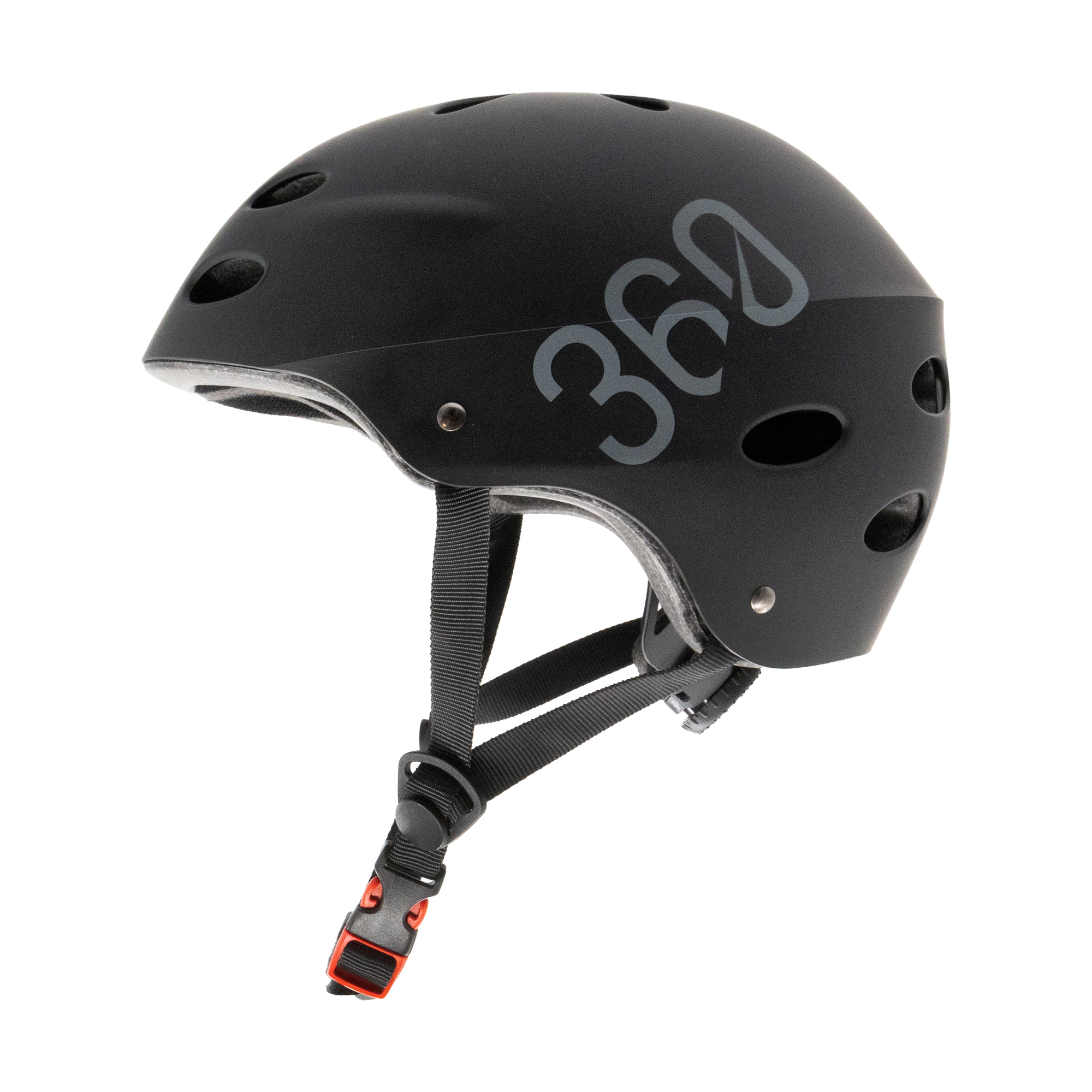 Un casco negro con el número 360 en gris. Tiene correas y un clip naranja. El fondo es blanco.