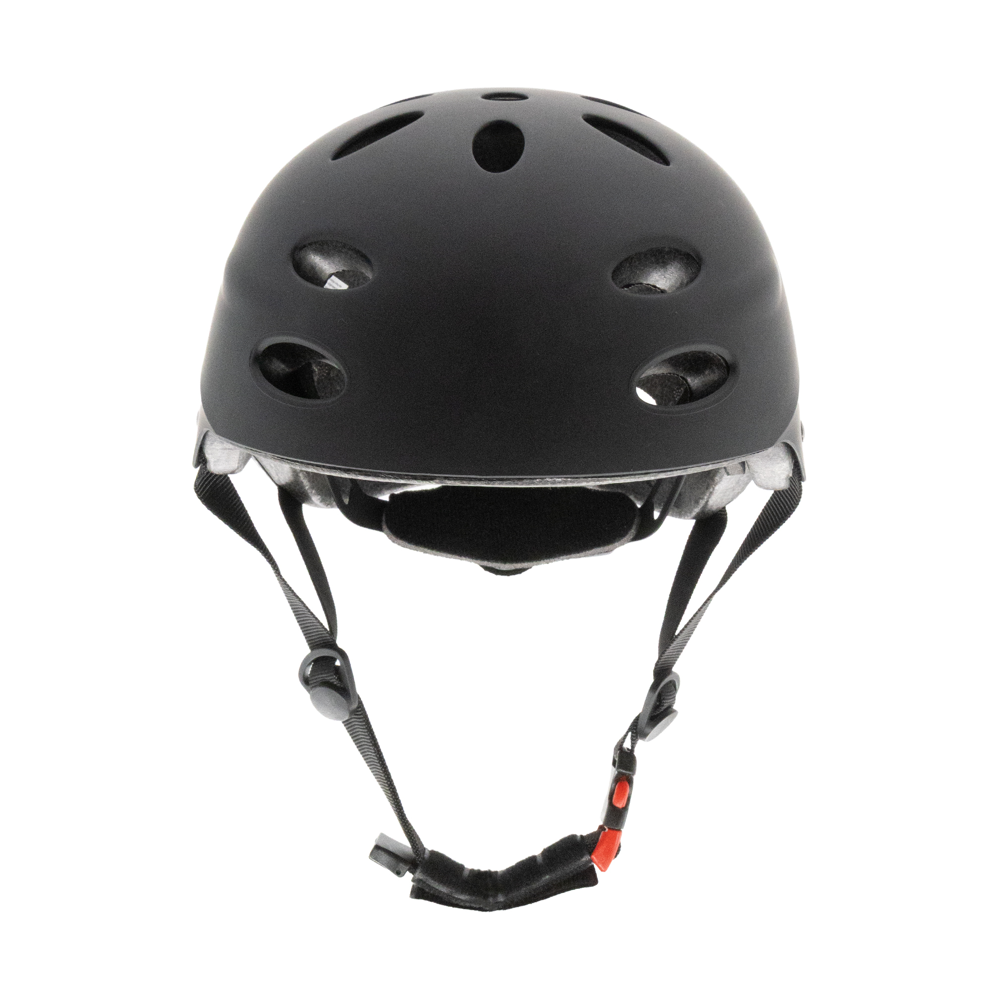 Casco negro con ventilaciones y correas, aislado sobre fondo blanco. Cierre rojo en la correa.