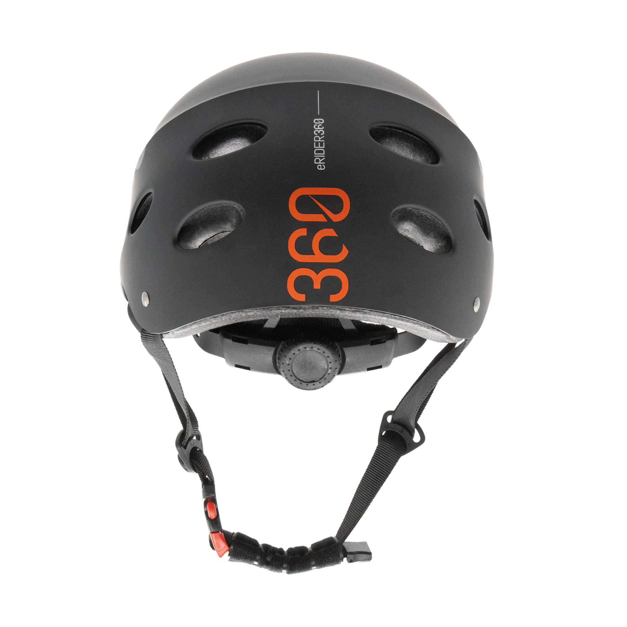 Casco eRIDER360 negro con texto naranja '360'. Tiene orificios de ventilación, correas ajustables y fondo blanco.