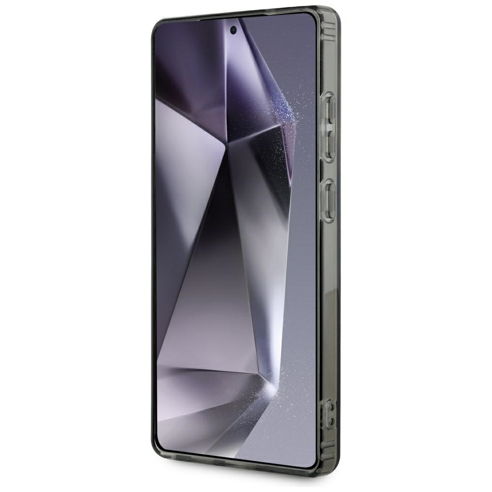 Ein Smartphone in einer durchsichtigen Hülle. Der Bildschirm zeigt ein geometrisches Design in Grautönen. Das Telefon steht aufrecht.