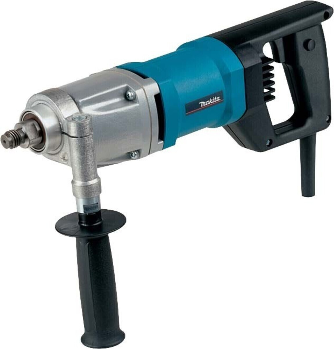 Una carotatrice Makita con manico nero, corpo argentato e sezione centrale blu. Ha una maniglia aggiuntiva.