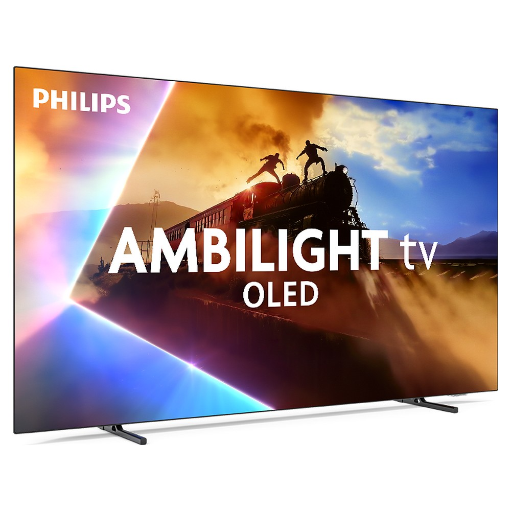 Telewizor Philips Ambilight OLED wyświetla scenę z pociągiem z postaciami na górze, na tle zachodzącego słońca. Telewizor ma elegancki design.