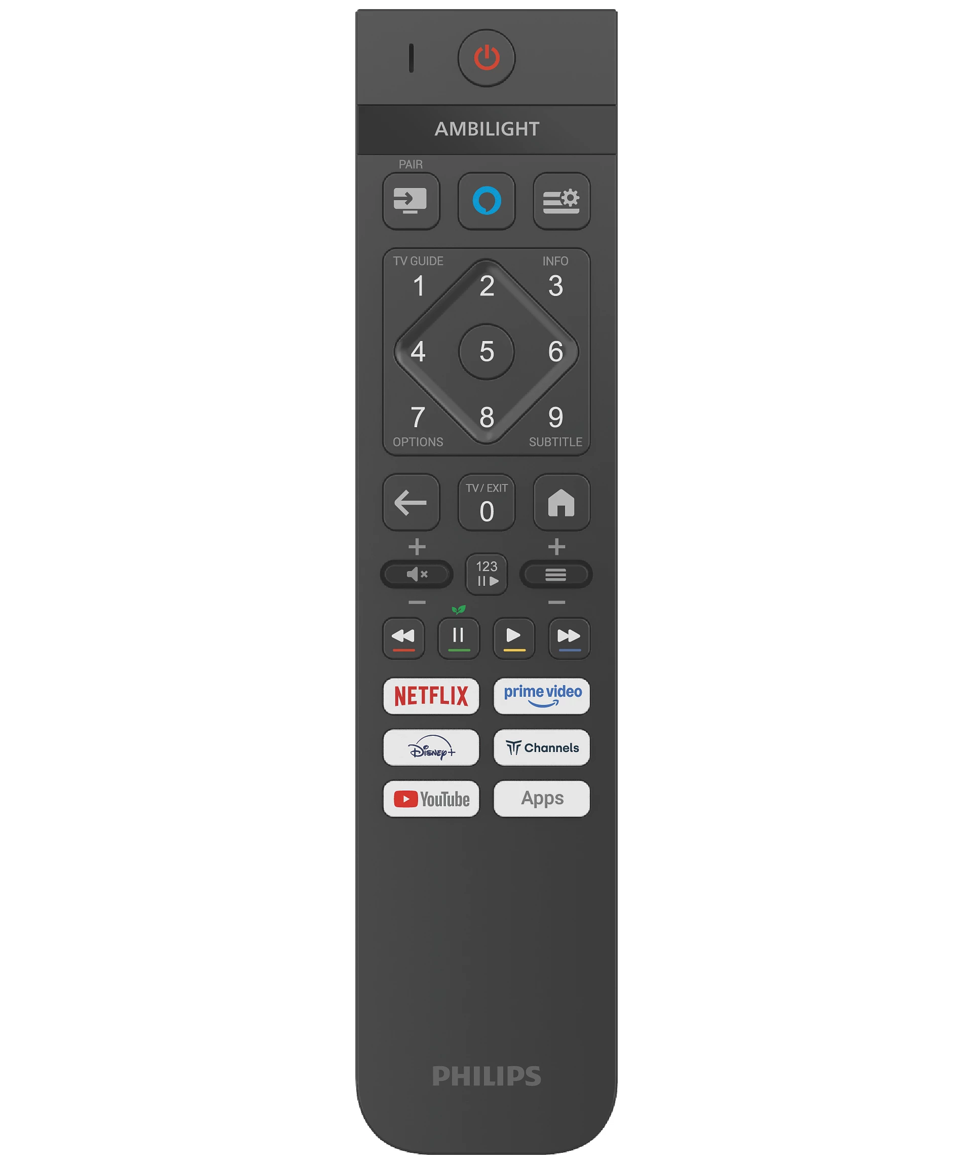 Ciemnoszary pilot Philips z licznymi przyciskami, w tym Netflix, Prime Video i klawiszami numerycznymi.