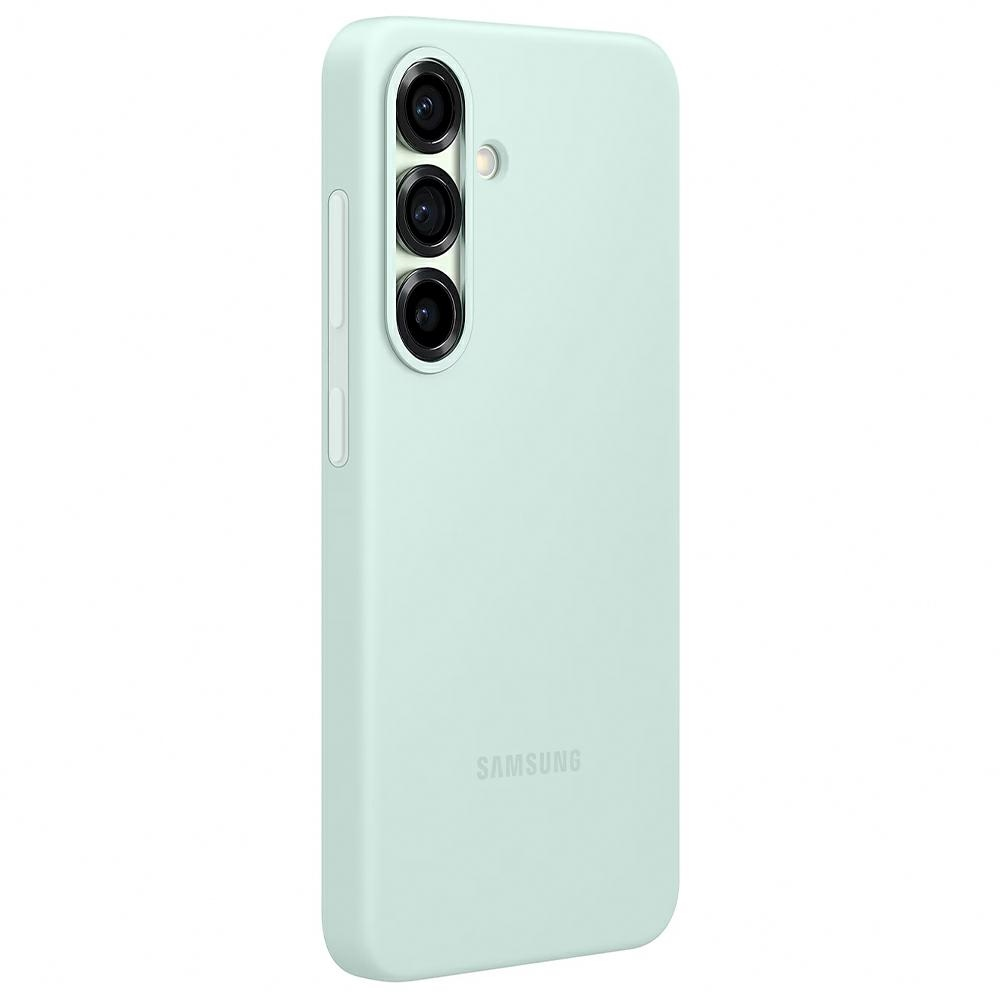 Una custodia per telefono color menta con obiettivi della fotocamera, pulsanti laterali e il logo Samsung.