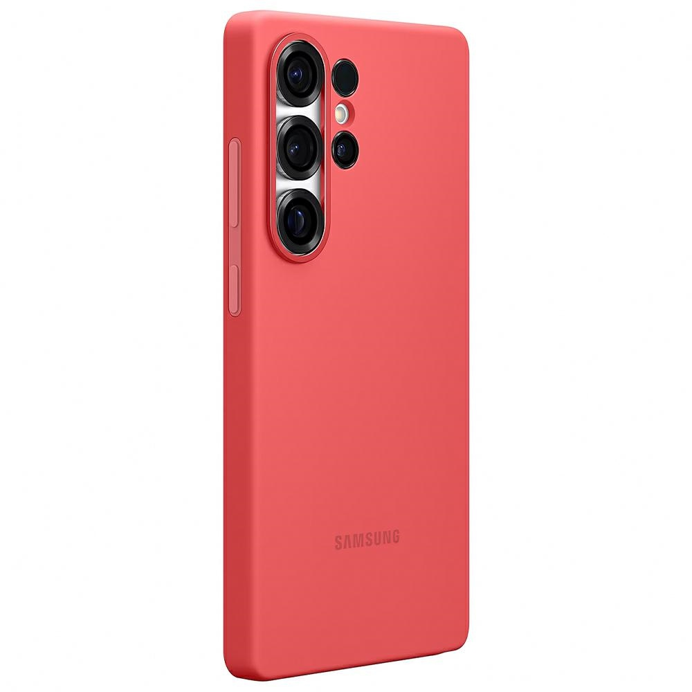 Een rode telefoonhoes met een cameramodule. De hoes heeft een gladde textuur en een Samsung-logo.