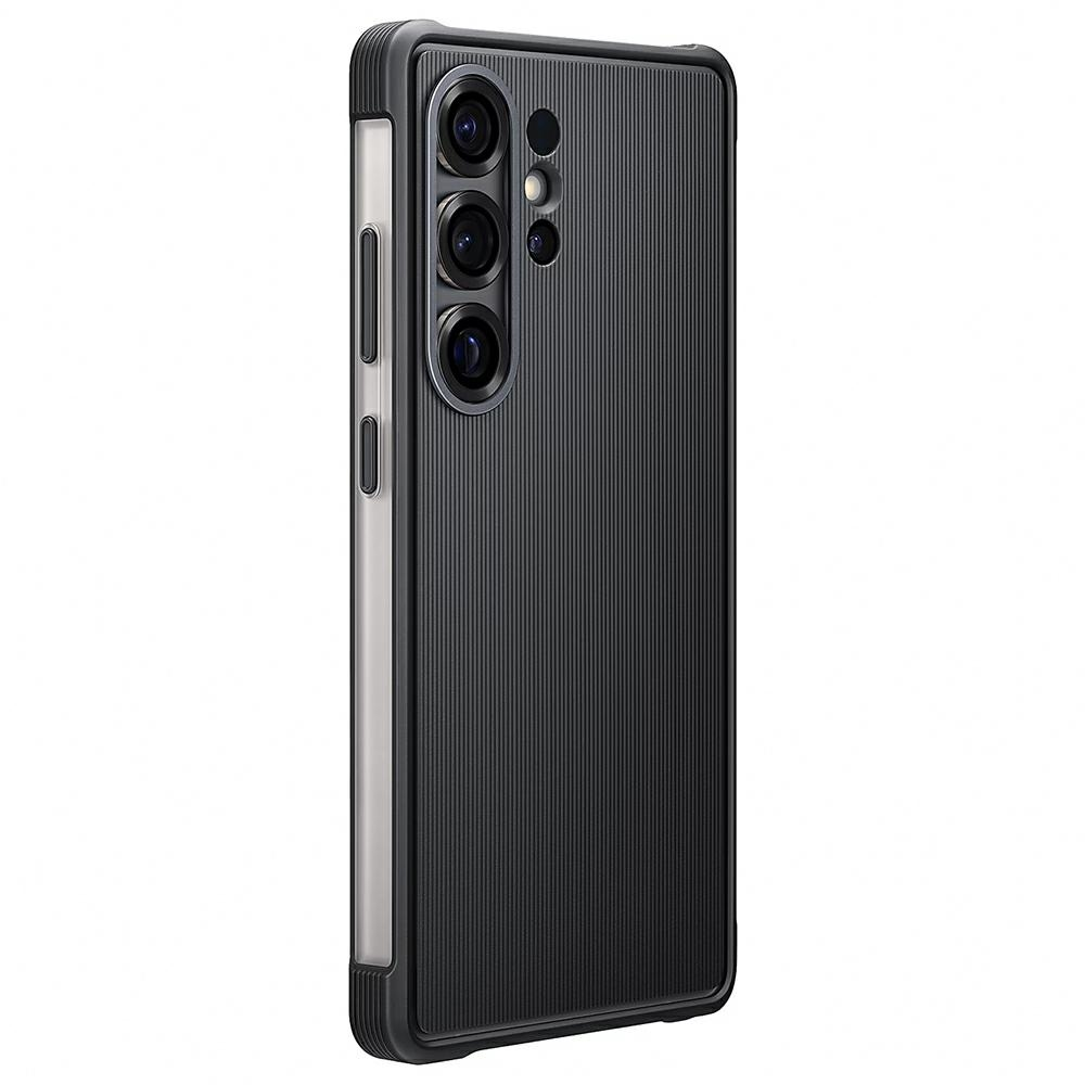 Een zwarte telefoonhoes met een getextureerde achterkant en meerdere cameralenzen wordt getoond. De hoes heeft een beschermend ontwerp.