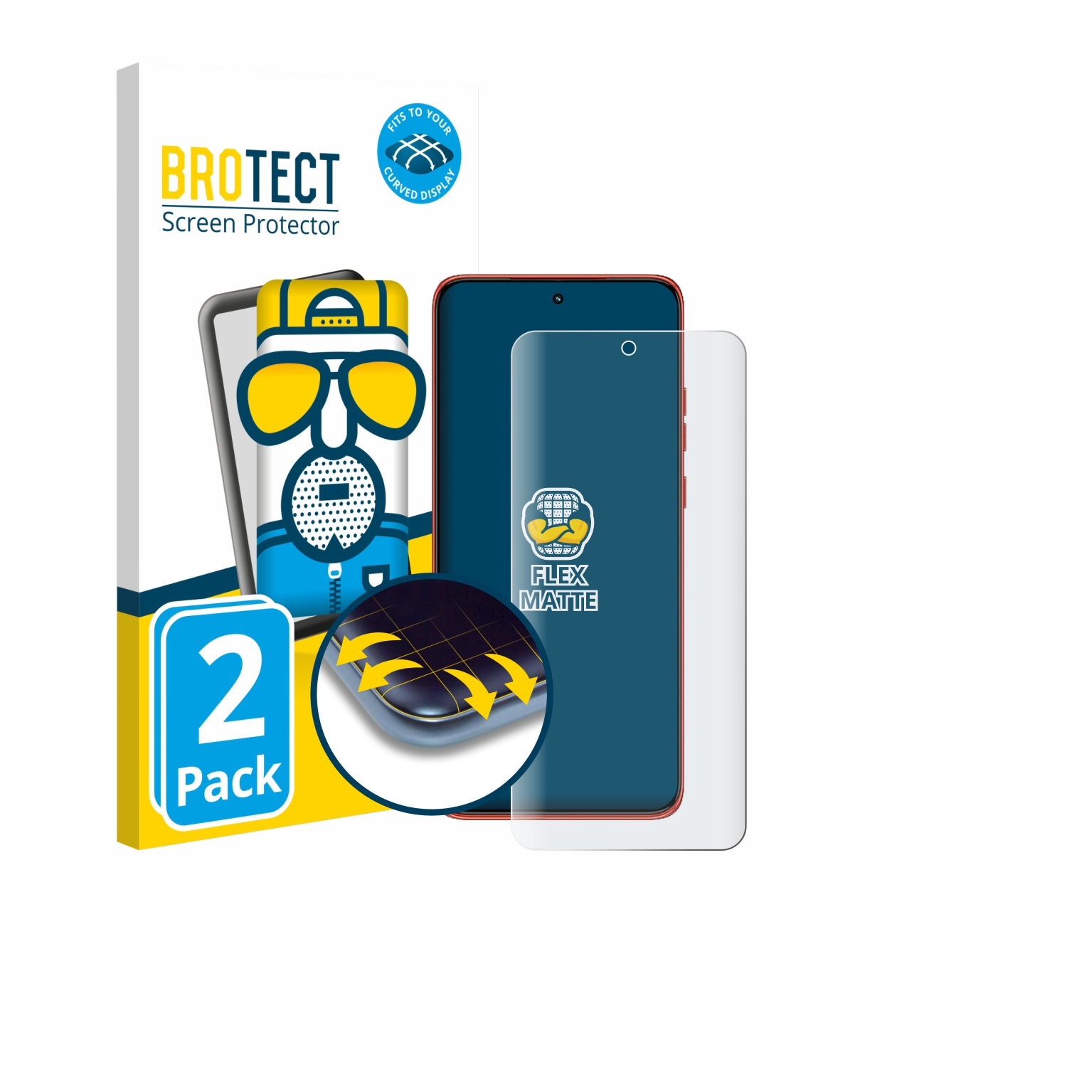 Eine Displayschutzfolienbox mit einem Telefon, einem Schutz und den Wörtern BROTECT, FLEX MATTE und 2 Pack.